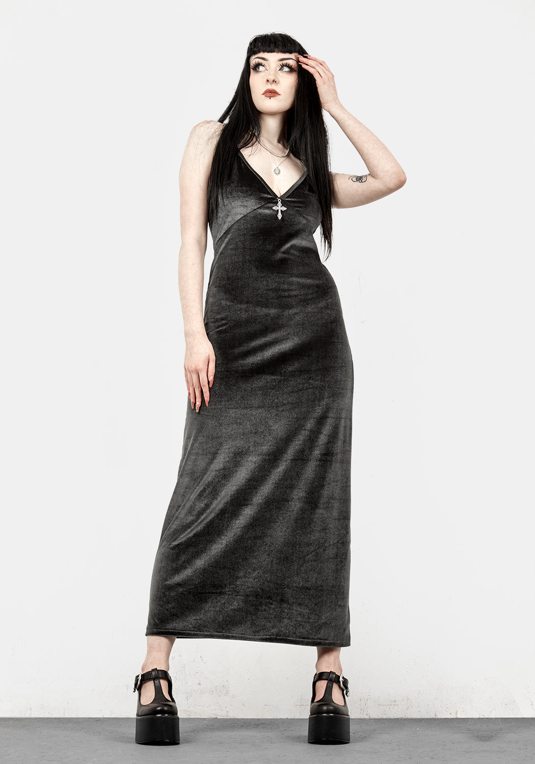 Grey-Blue Velvet Midi Slip Dress with Gothic Cross Charm | Gabrielle