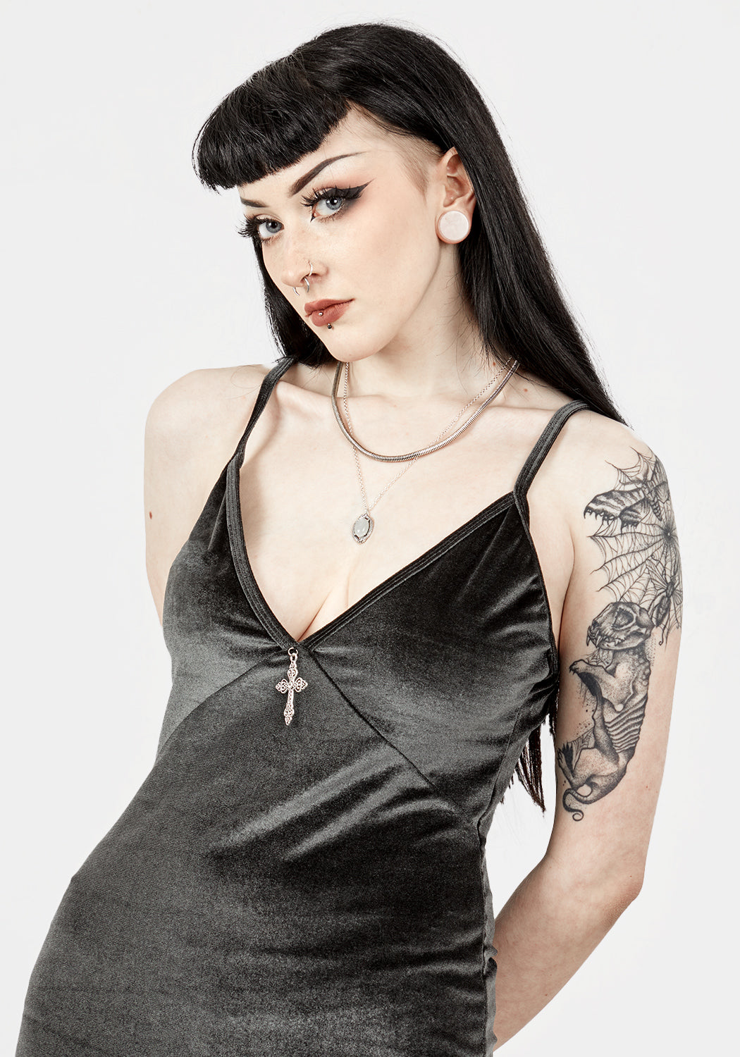 Grey-Blue Velvet Midi Slip Dress with Gothic Cross Charm | Gabrielle