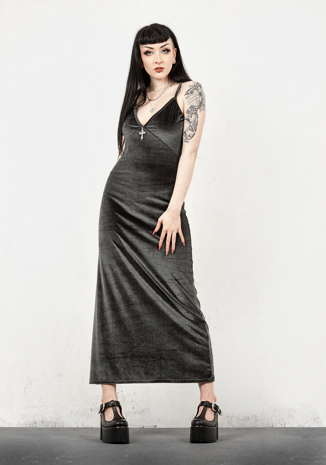 Grey-Blue Velvet Midi Slip Dress with Gothic Cross Charm | Gabrielle