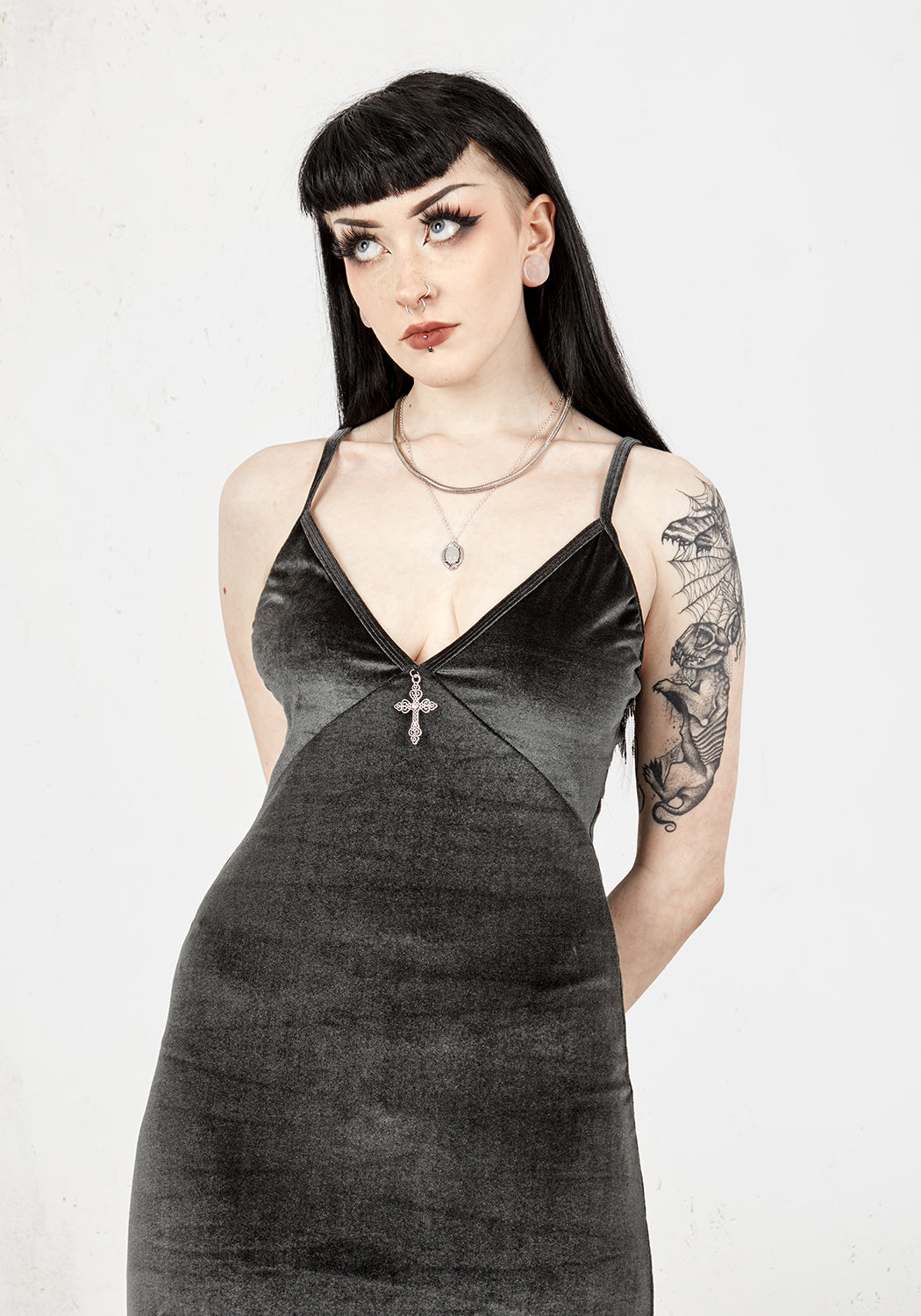 Grey-Blue Velvet Midi Slip Dress with Gothic Cross Charm | Gabrielle