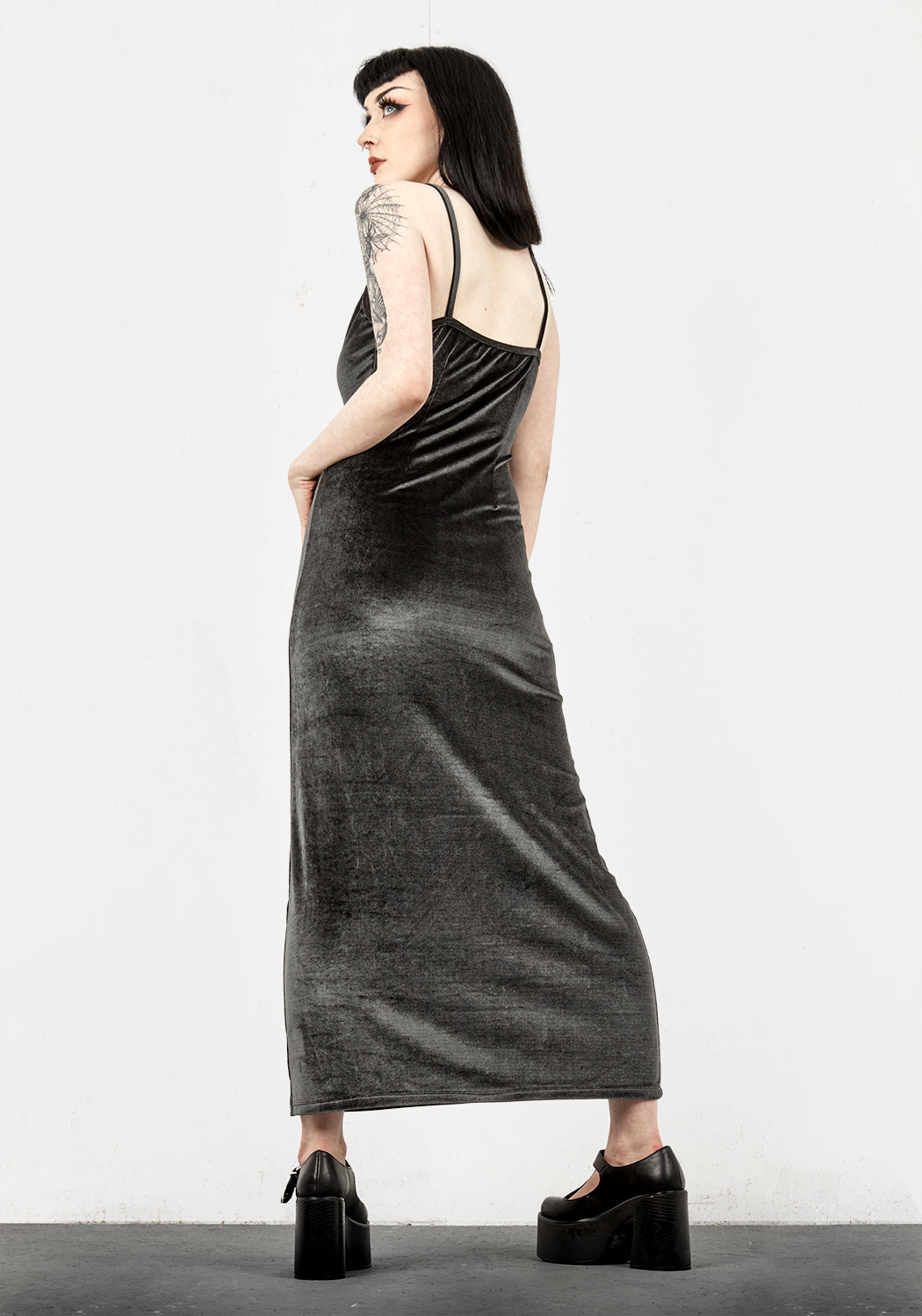 Grey-Blue Velvet Midi Slip Dress with Gothic Cross Charm | Gabrielle