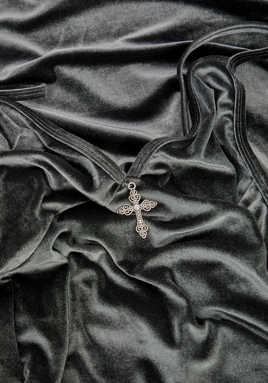 Grey-Blue Velvet Midi Slip Dress with Gothic Cross Charm | Gabrielle