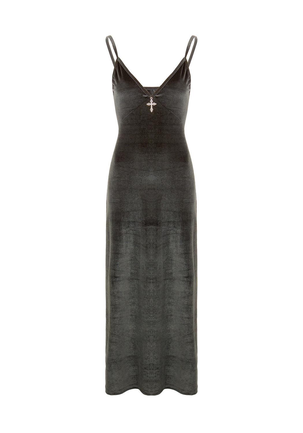 Grey-Blue Velvet Midi Slip Dress with Gothic Cross Charm | Gabrielle