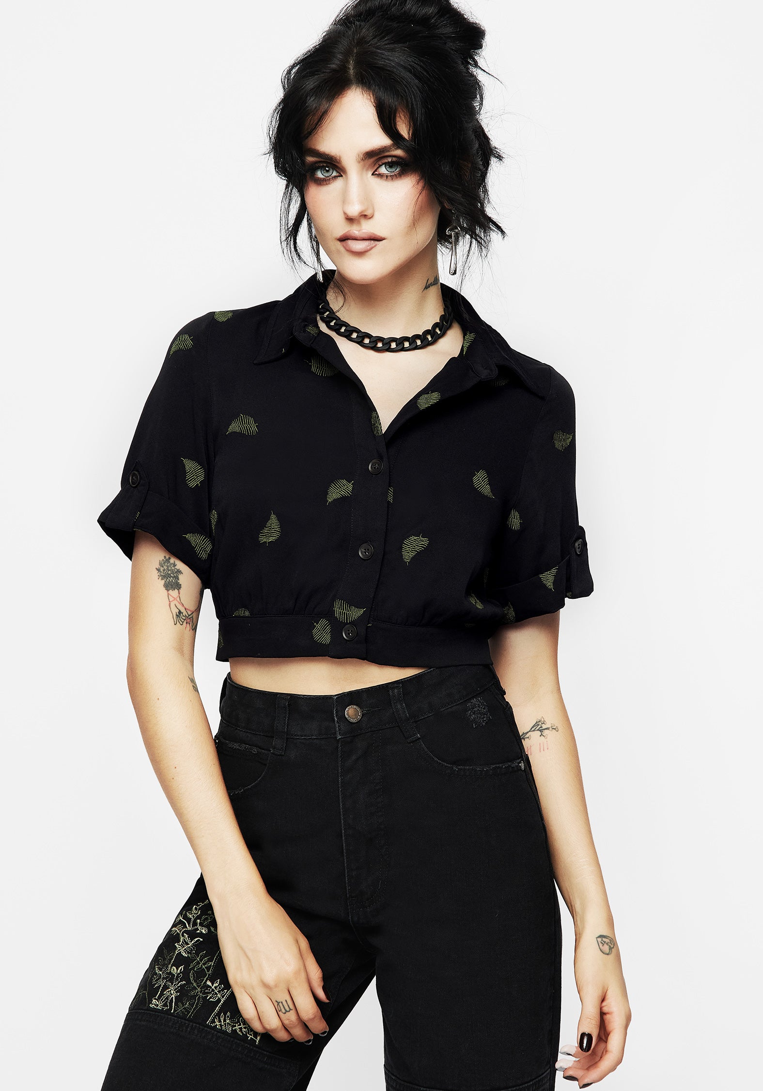 Black Fern Embroidered Crop Shirt | Breathable Eco-Viscose