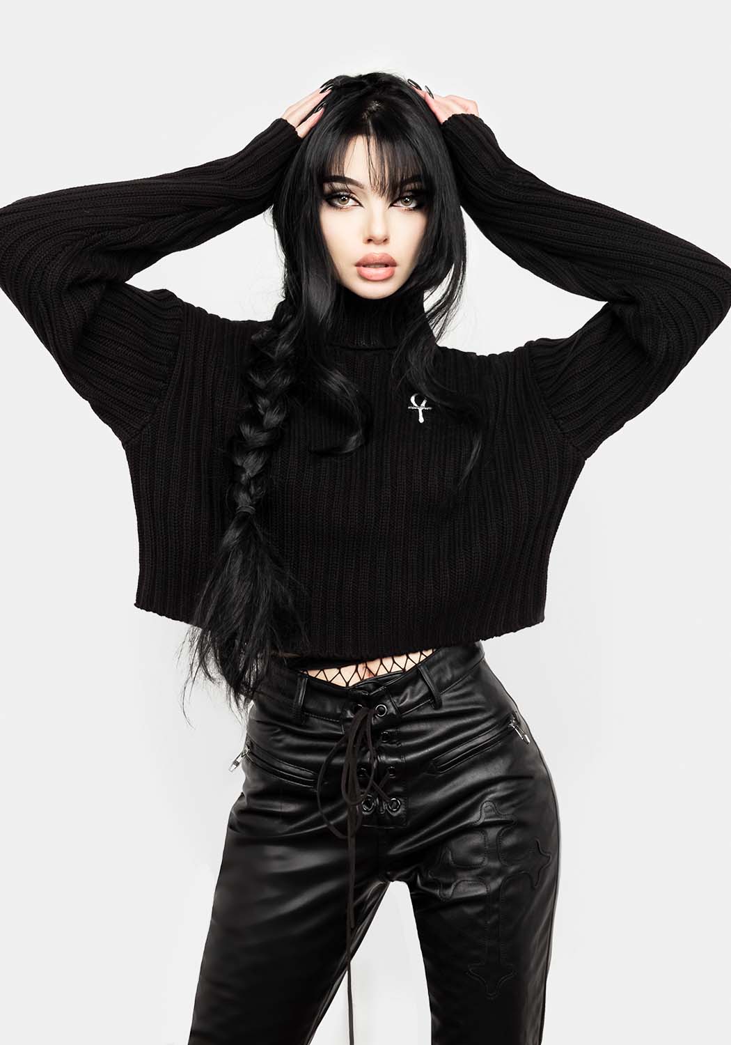 Funnel-Neck Crop Sweater with Ankh Embroidery | Cozy Winter Jumper