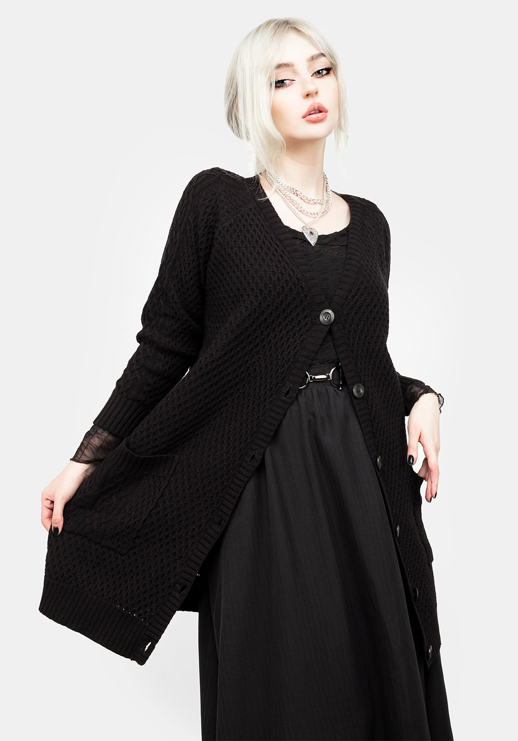 Oversized Black Cable Knit Cardigan with Pentagram Design | Blessing