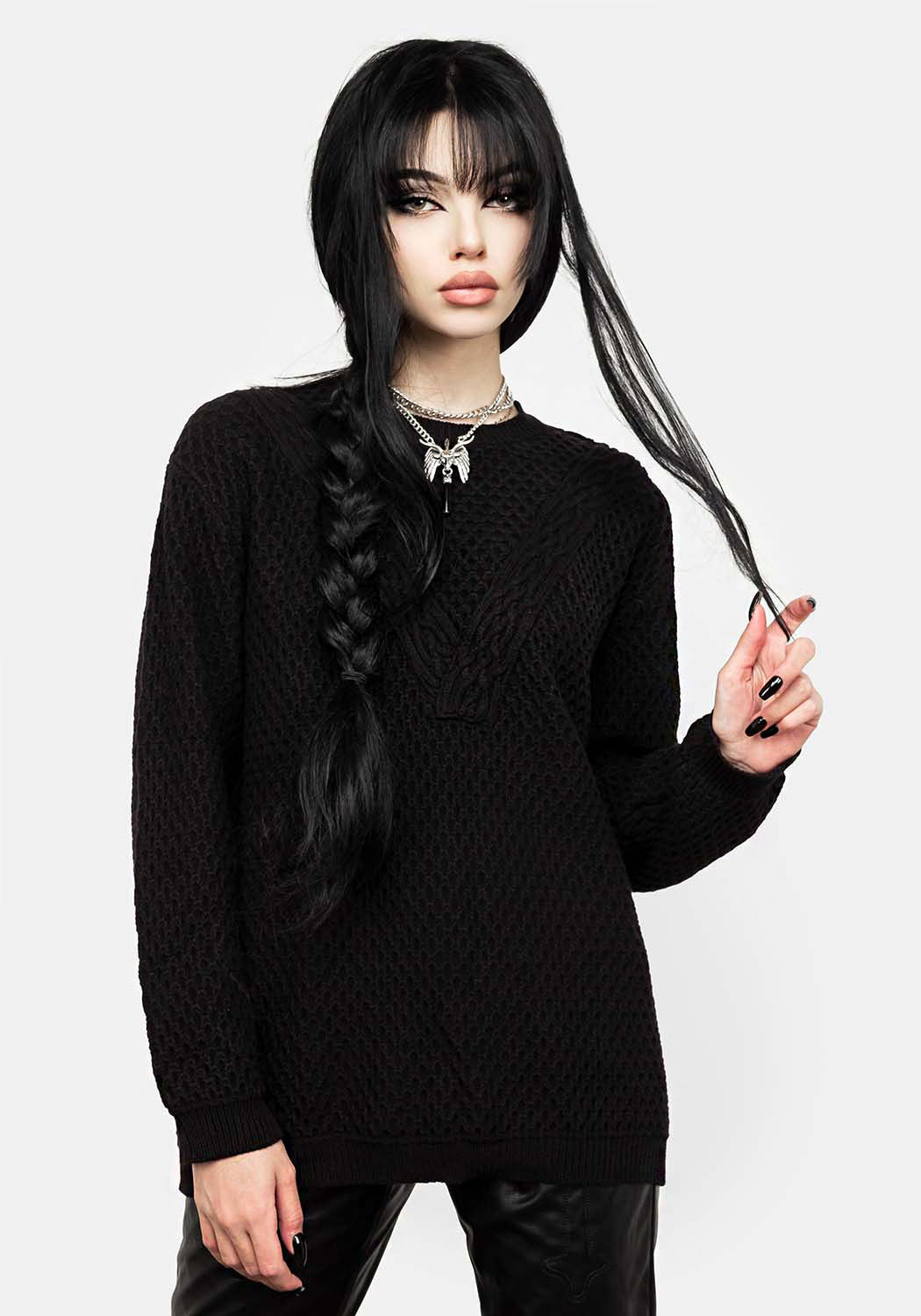 Oversized Black Cable Knit Pentagram Sweater | Blessing