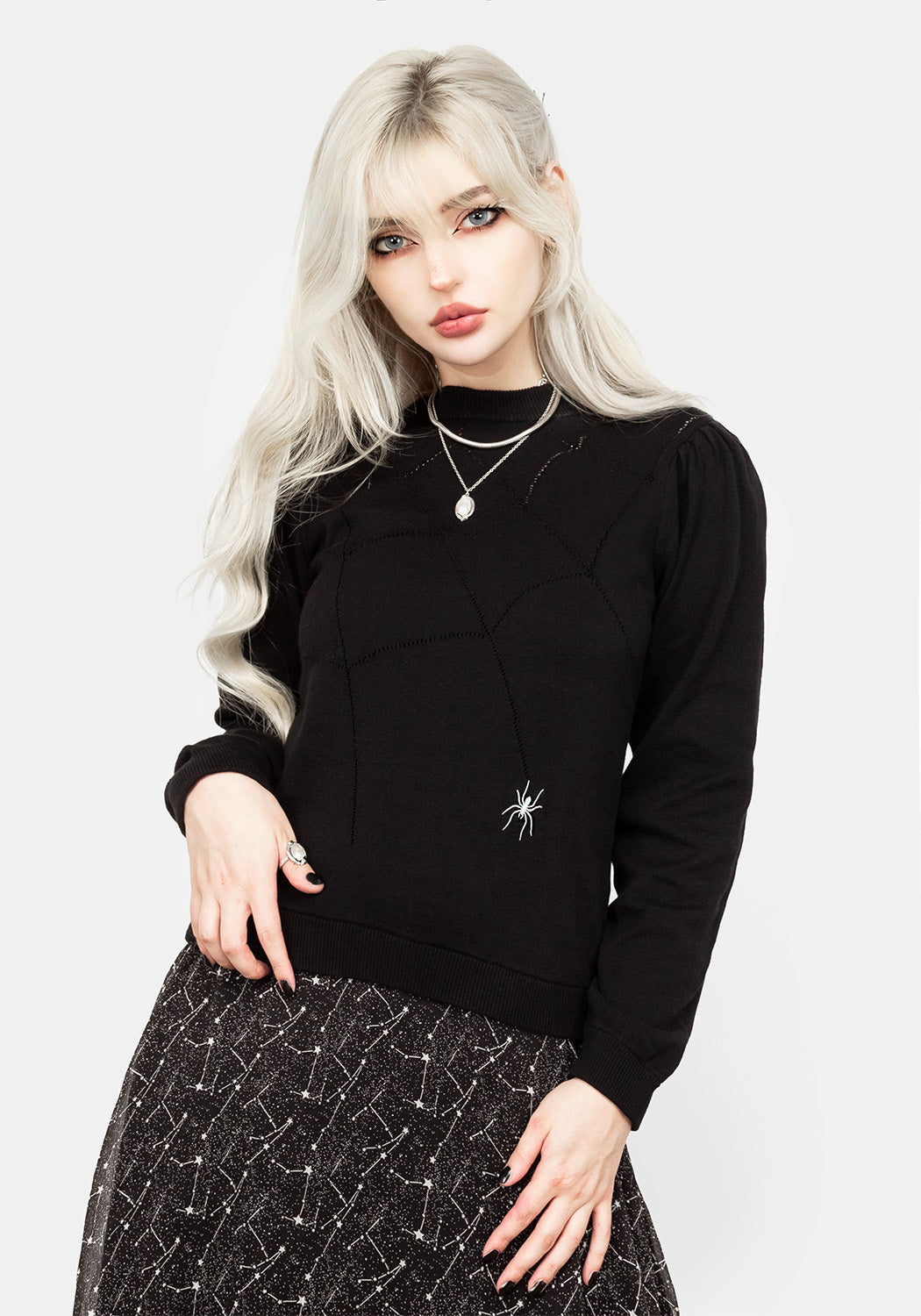 Puff Sleeve Crop Sweater with Spiderweb Knit | Lolth