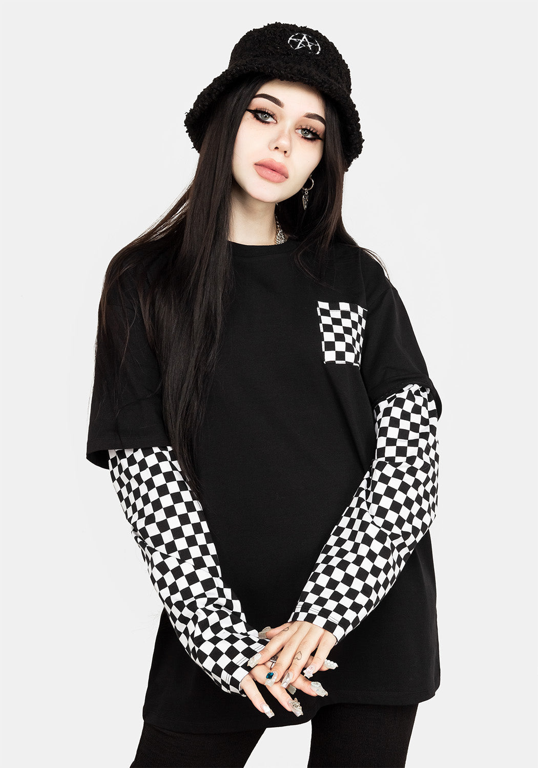 Oversized Punk Witch Top with Checkerboard Sleeves | Punkwitch