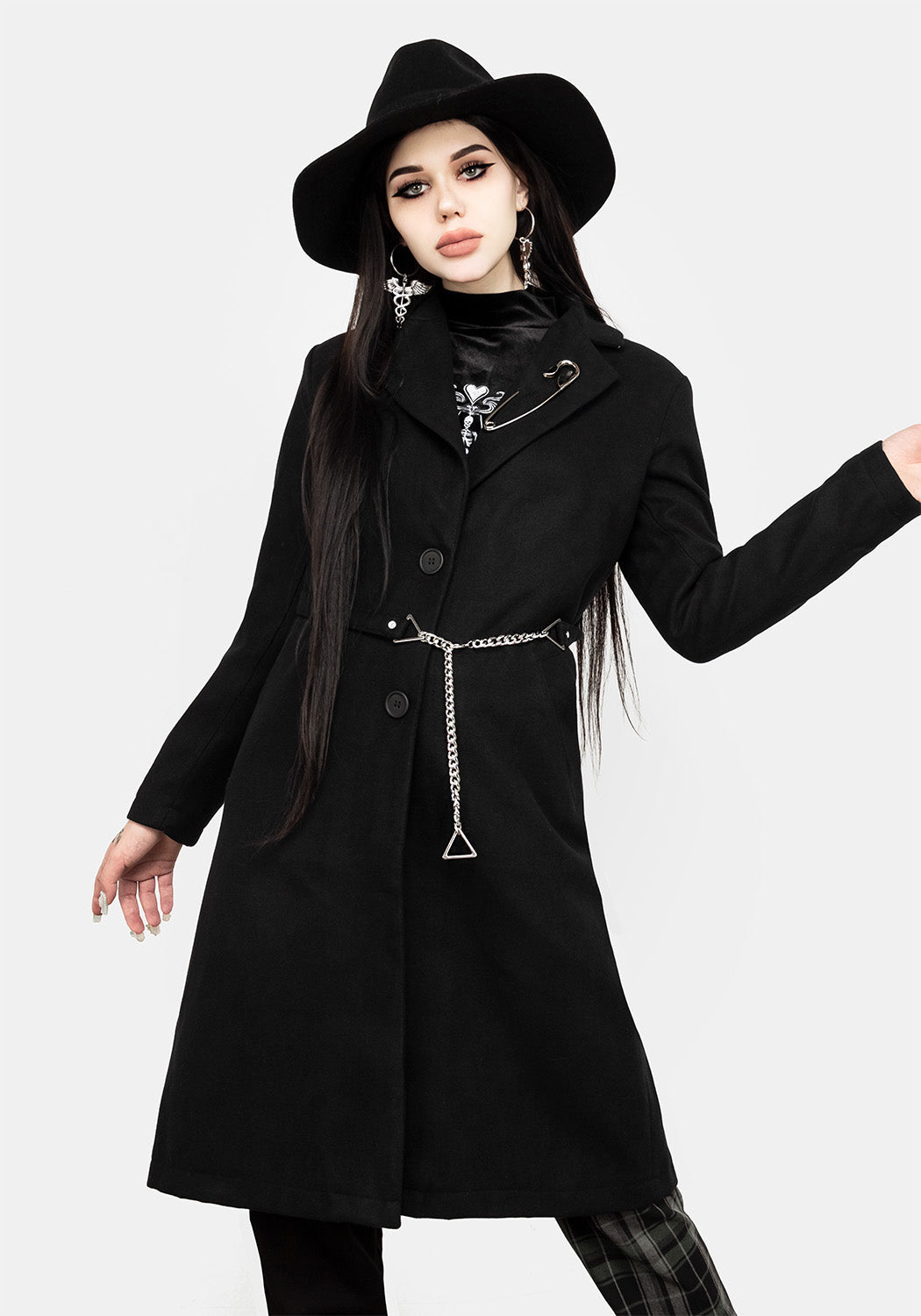 Black Longline Coat with Belt & Chain Details | Dark Matter