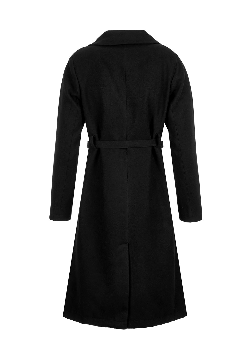 Black Longline Coat with Belt & Chain Details | Dark Matter