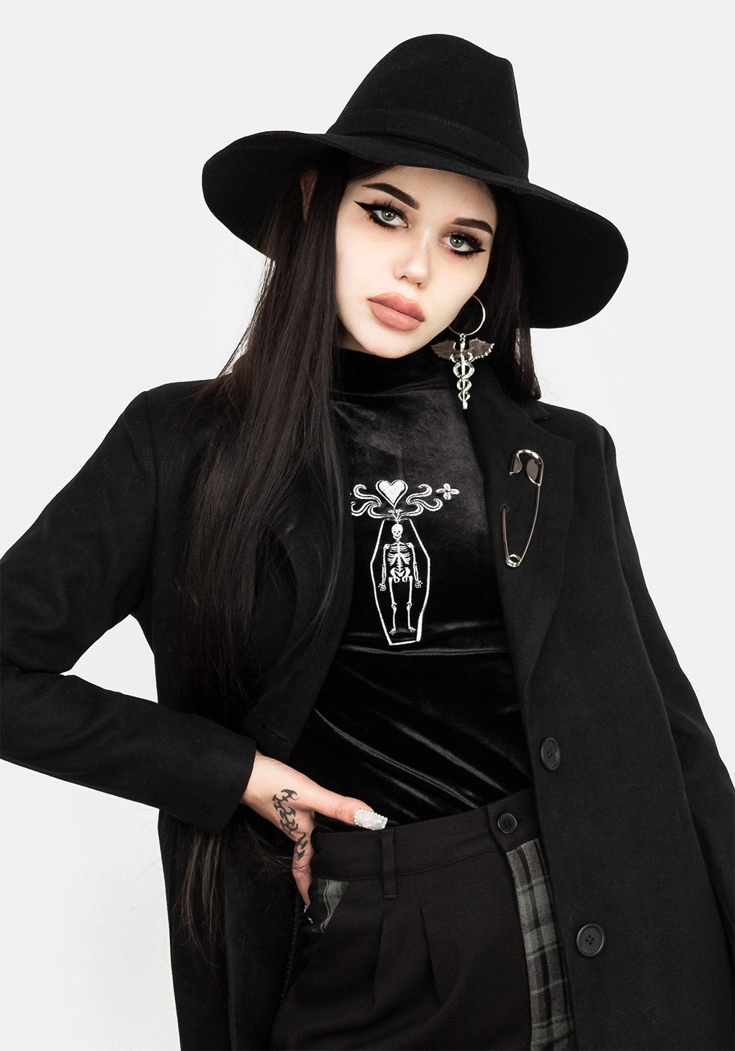 Black Longline Coat with Belt & Chain Details | Dark Matter