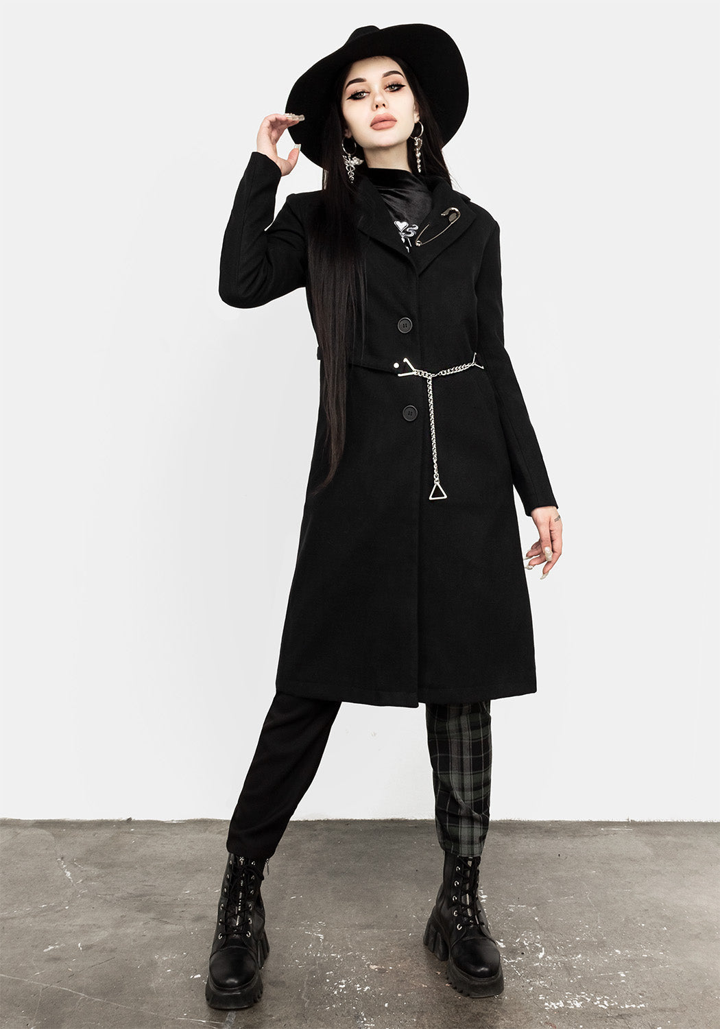 Black Longline Coat with Belt & Chain Details | Dark Matter