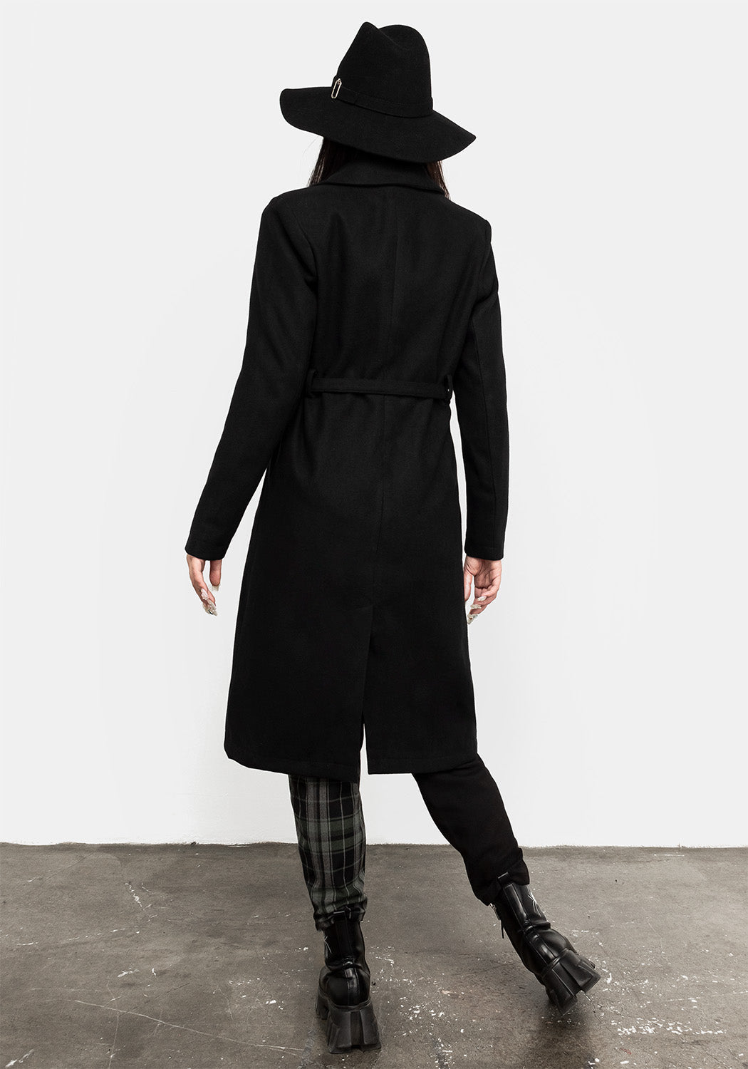 Black Longline Coat with Belt & Chain Details | Dark Matter