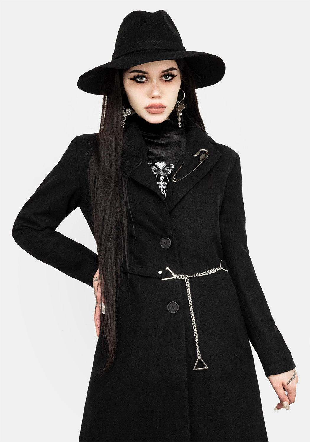 Black Longline Coat with Belt & Chain Details | Dark Matter