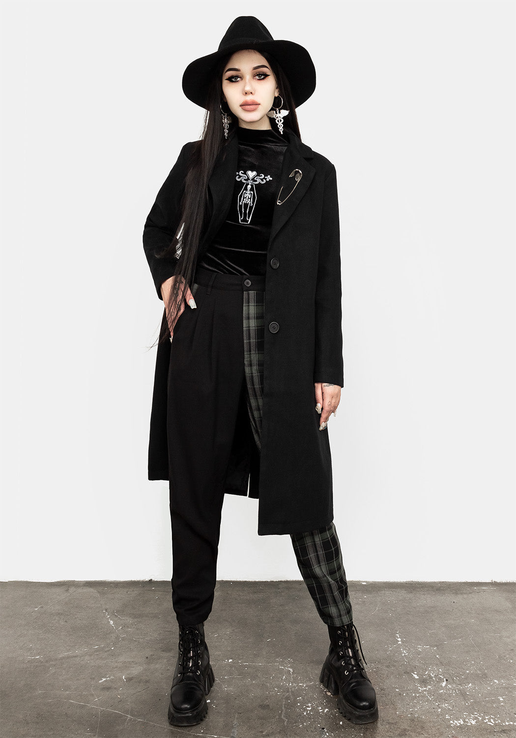 Black Longline Coat with Belt & Chain Details | Dark Matter