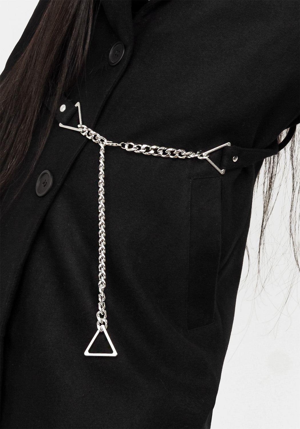 Black Longline Coat with Belt & Chain Details | Dark Matter