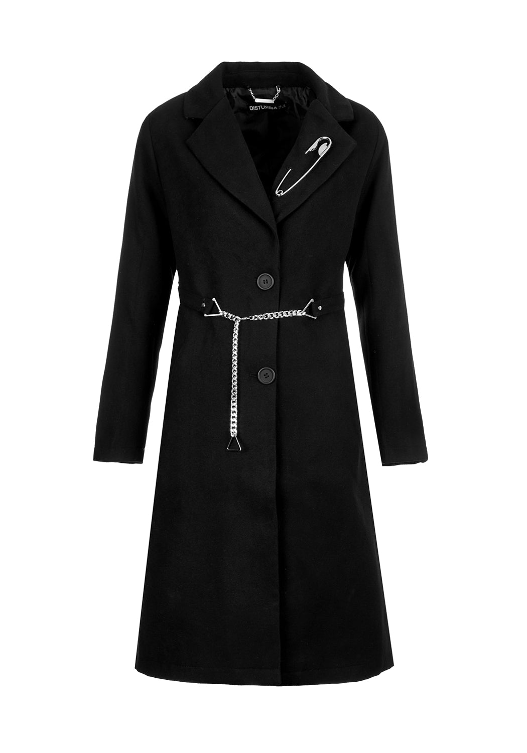 Black Longline Coat with Belt & Chain Details | Dark Matter
