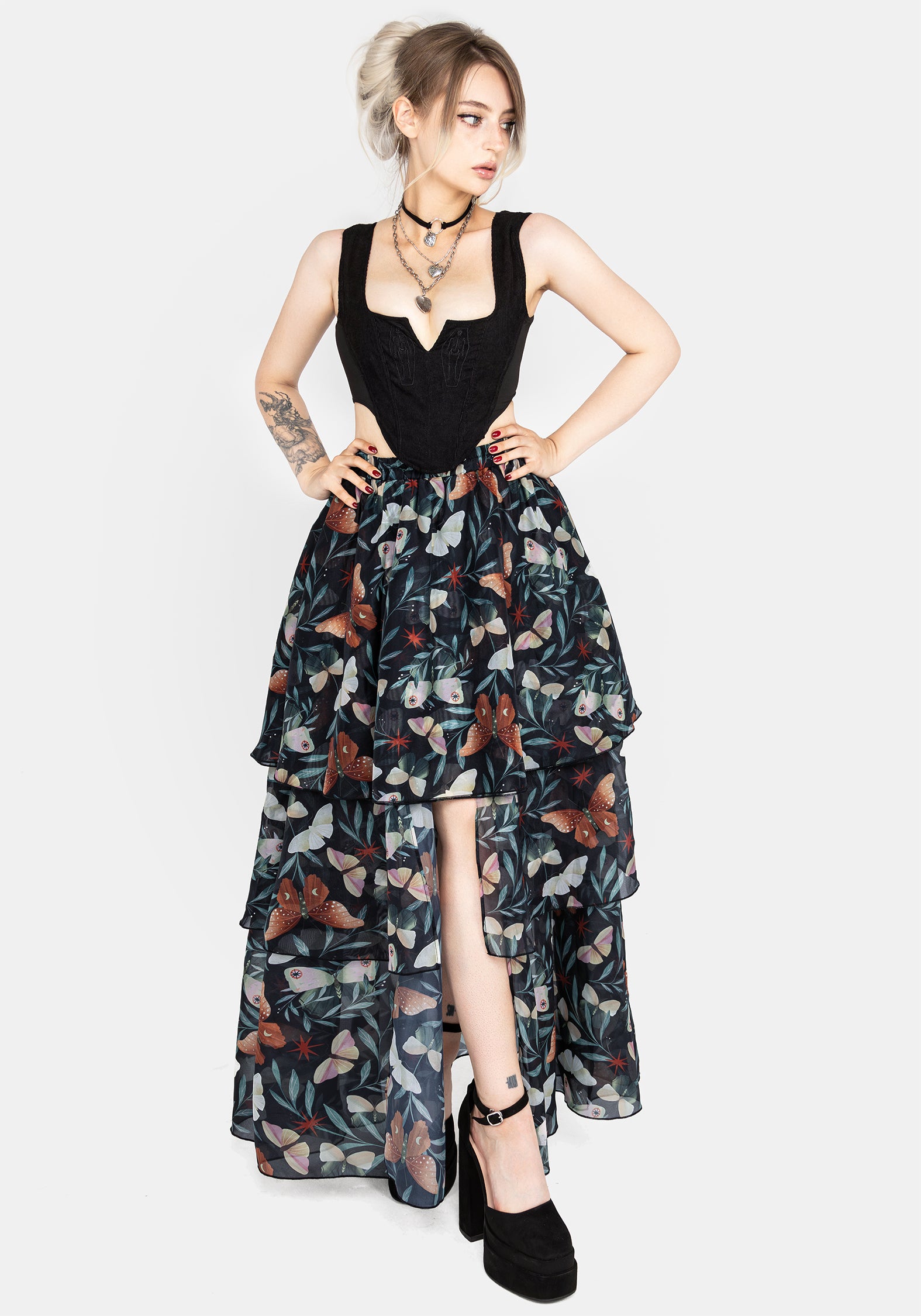 Butterfly Print Split Tiered Organza Skirt | Mariposa