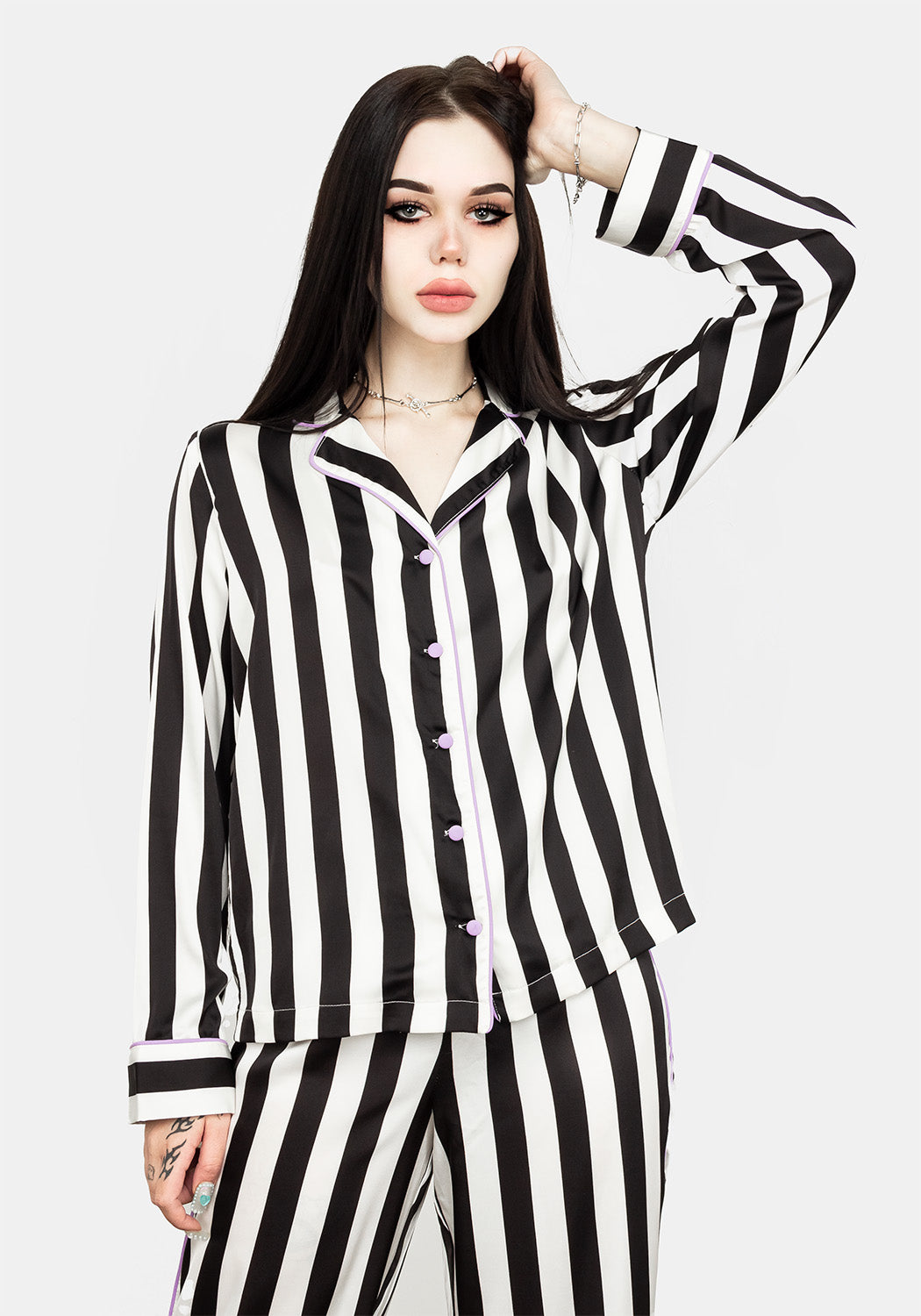 Oversized Black & White Stripe Pyjama Shirt with Lilac Buttons | Beetle
