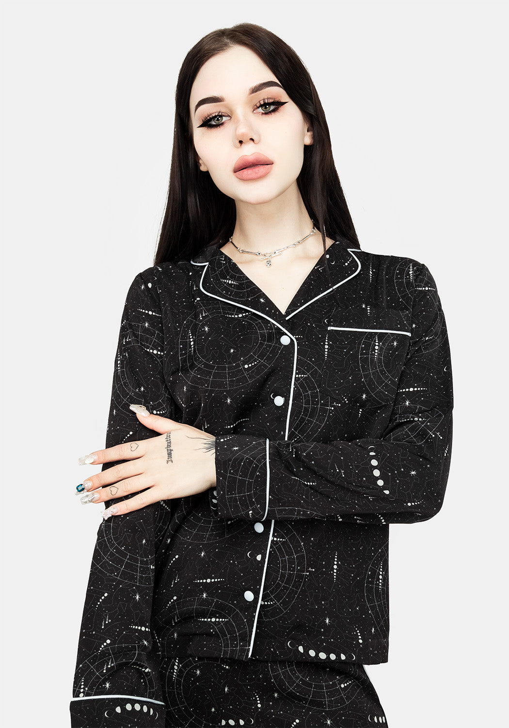 Oversized Celestial Pyjama Shirt with Star & Moon Print | Black