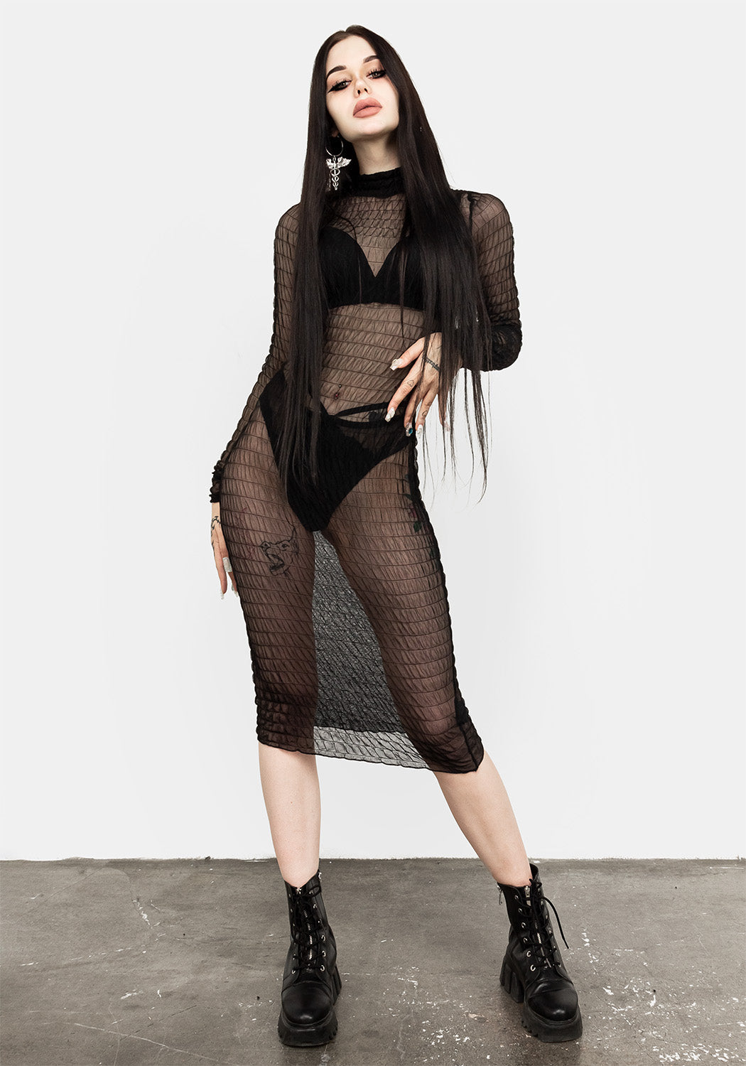Black Mesh Midi Dress with Long Sleeves & Lettuce Trim | Nightwraith
