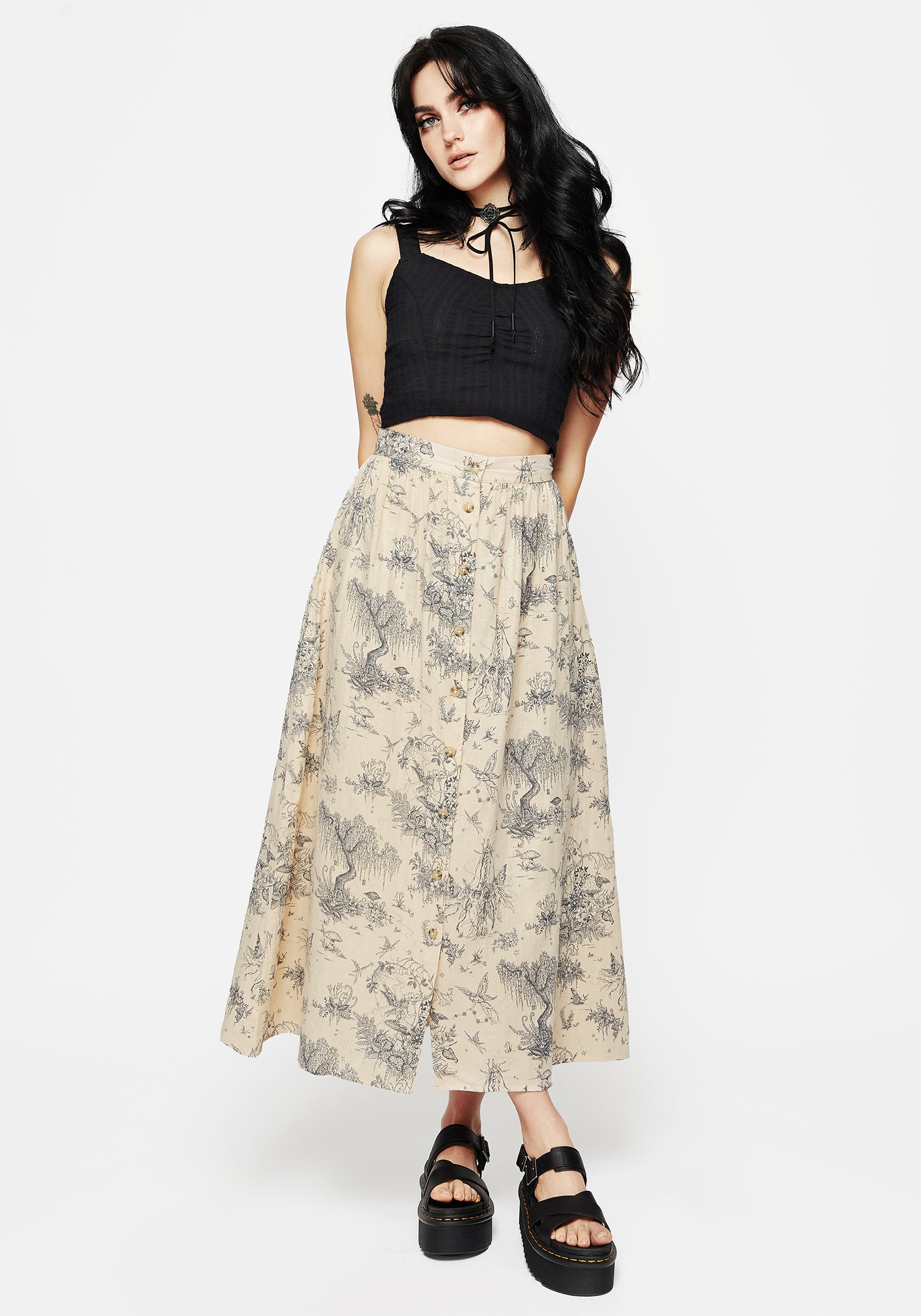 Taupe Cotton Print Button-Up Midi Skirt with Pockets | Maypole