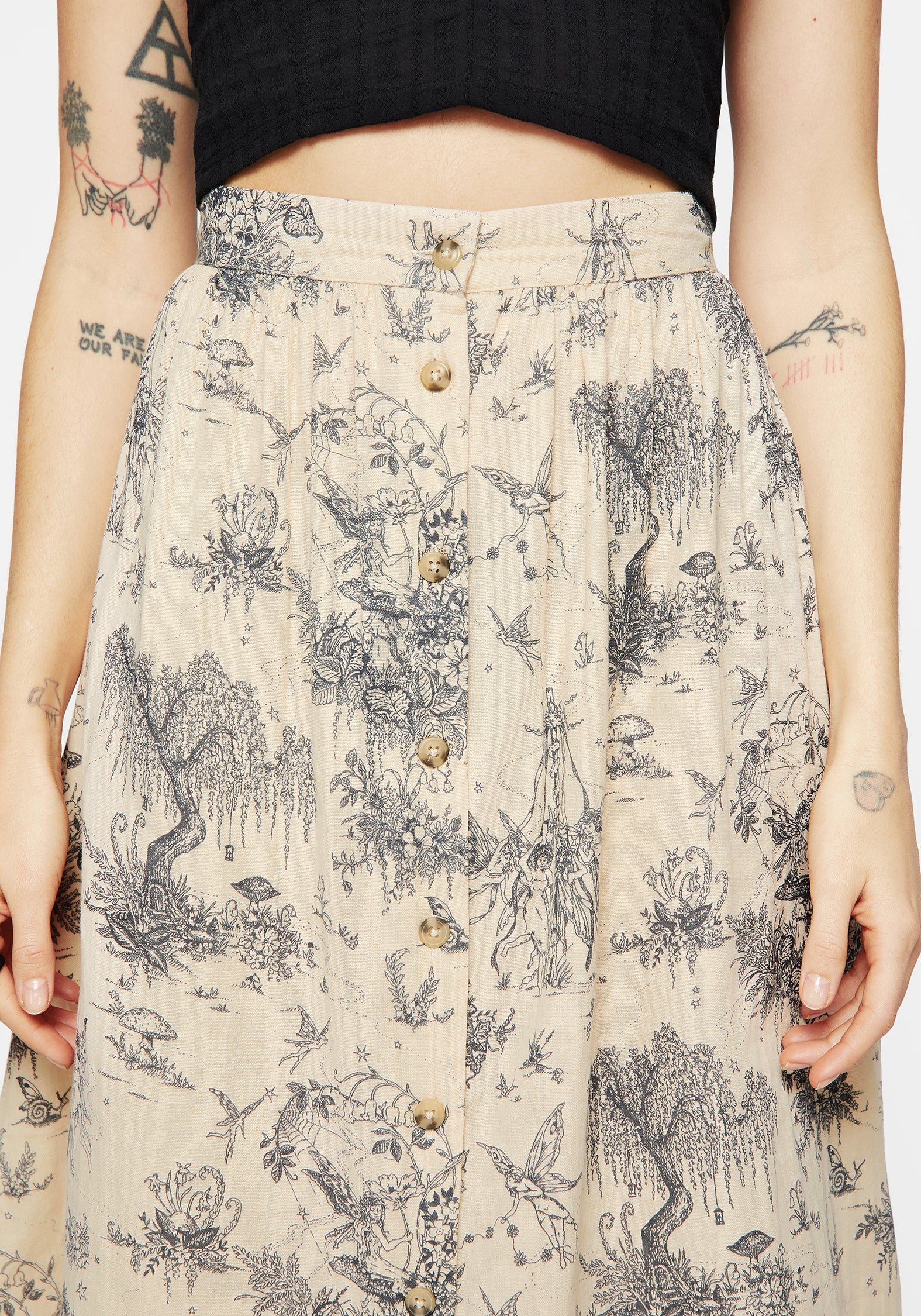 Taupe Cotton Print Button-Up Midi Skirt with Pockets | Maypole