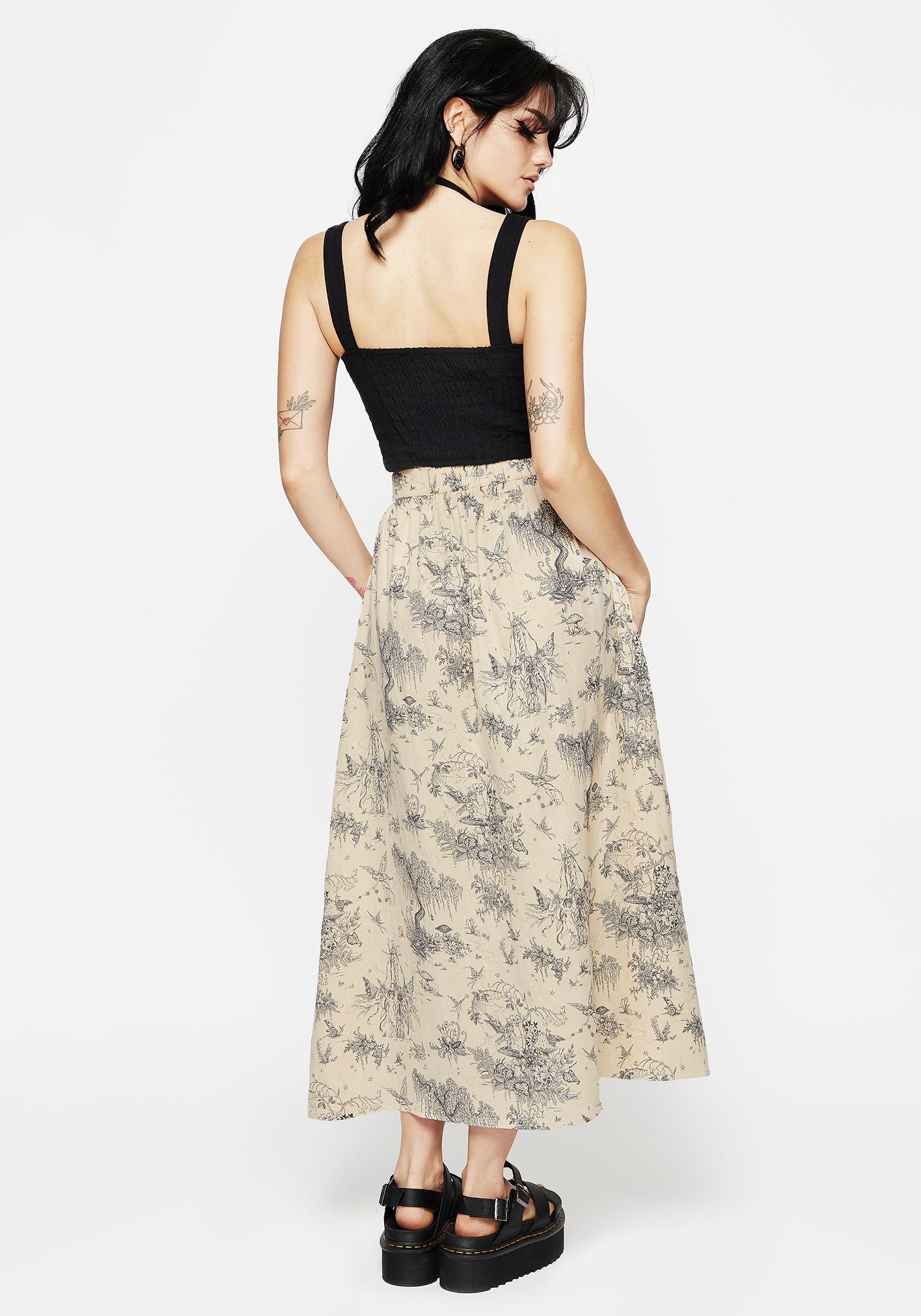 Taupe Cotton Print Button-Up Midi Skirt with Pockets | Maypole