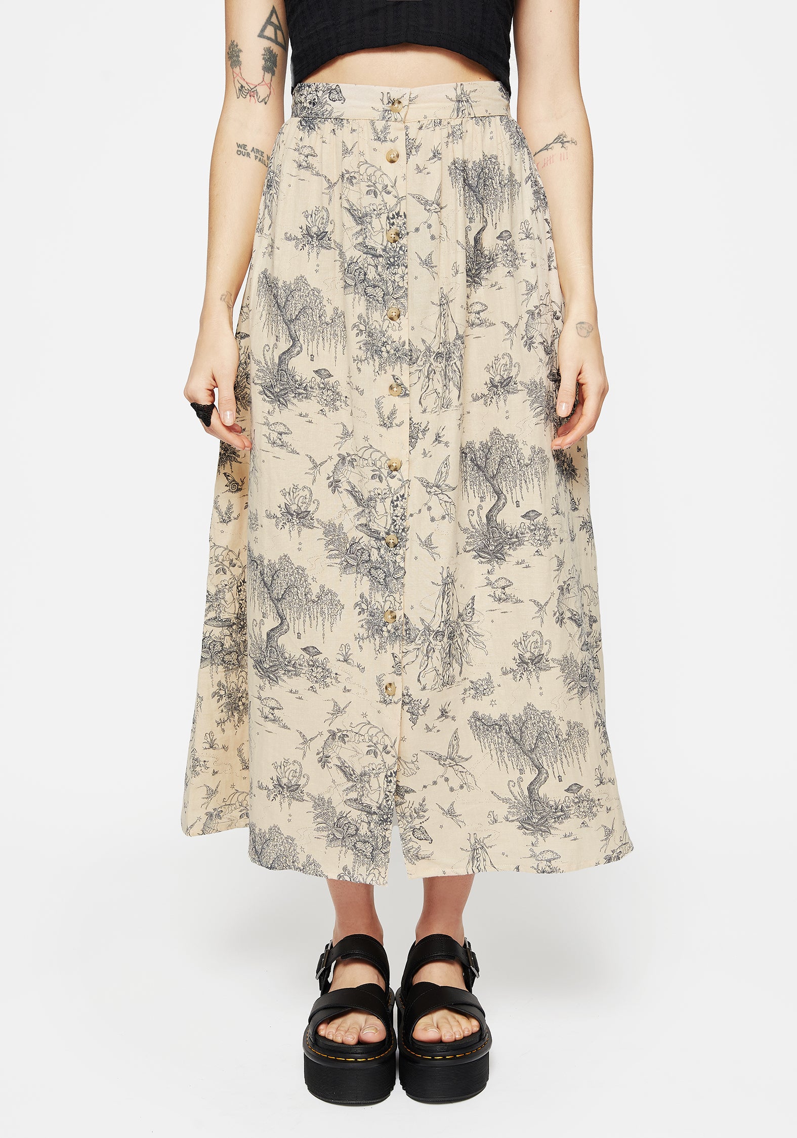 Taupe Cotton Print Button-Up Midi Skirt with Pockets | Maypole