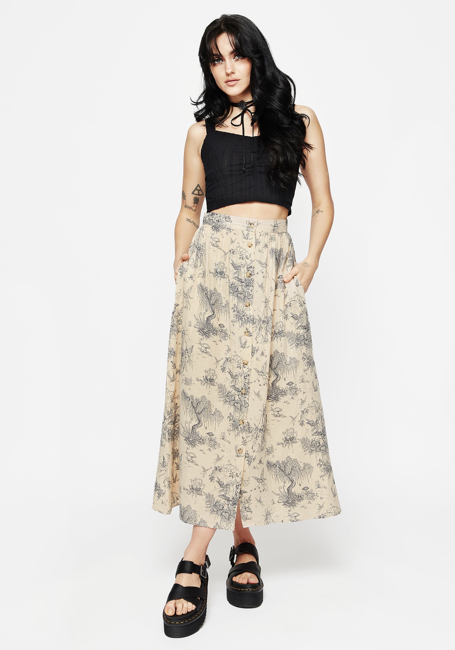 Taupe Cotton Print Button-Up Midi Skirt with Pockets | Maypole
