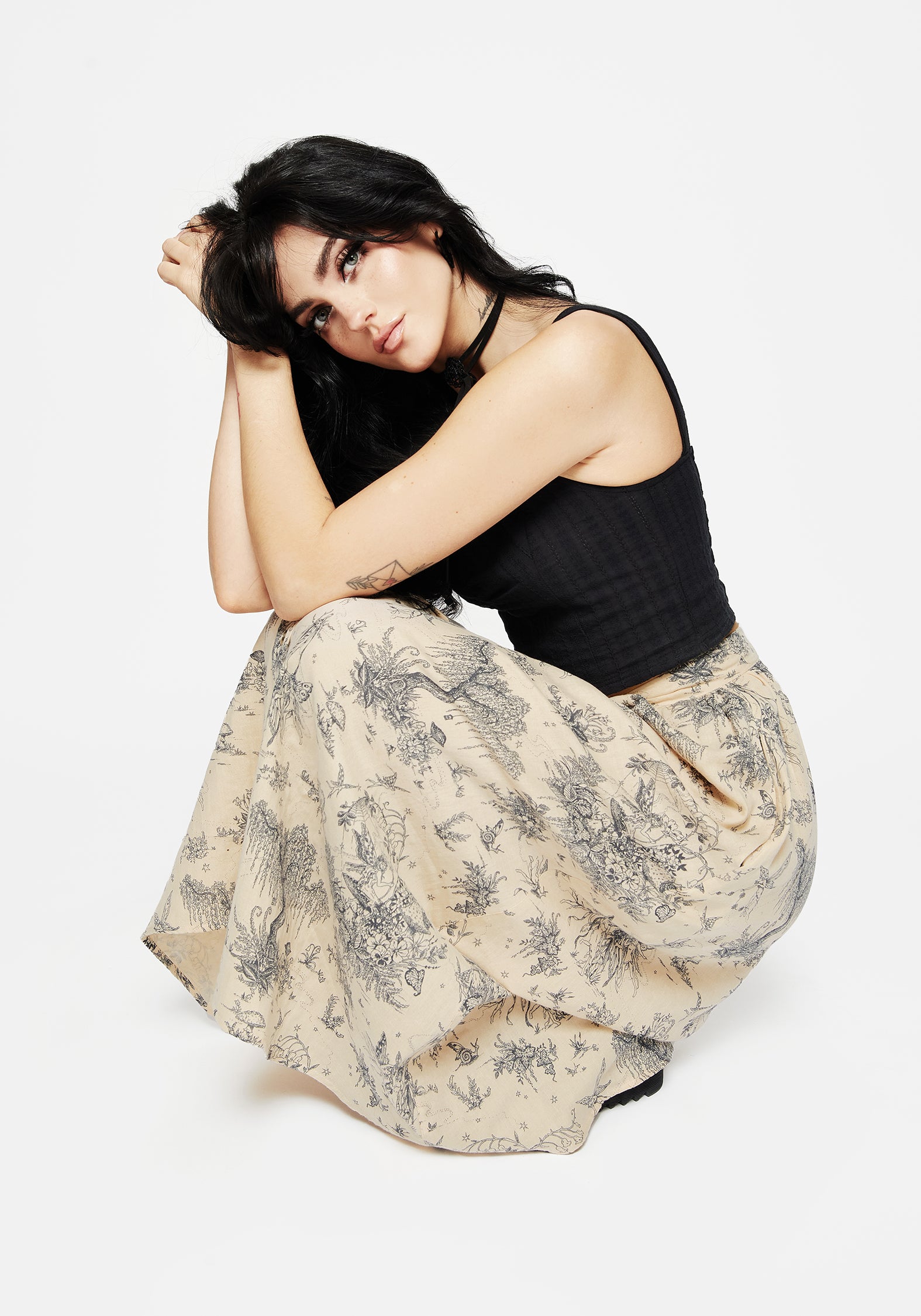 Taupe Cotton Print Button-Up Midi Skirt with Pockets | Maypole