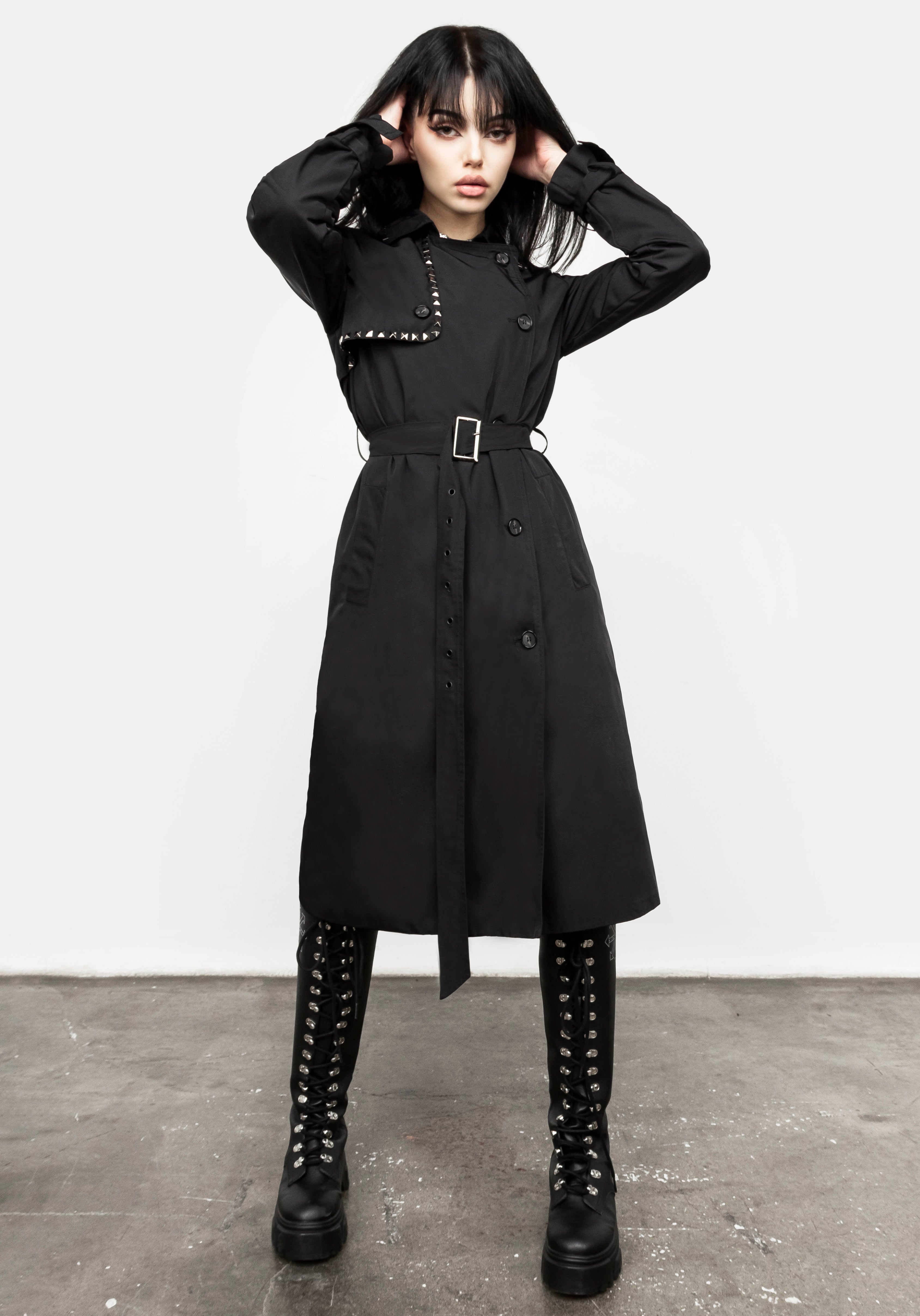 Black Trench Coat with Metal Hardware & Removable Belt | Skaro