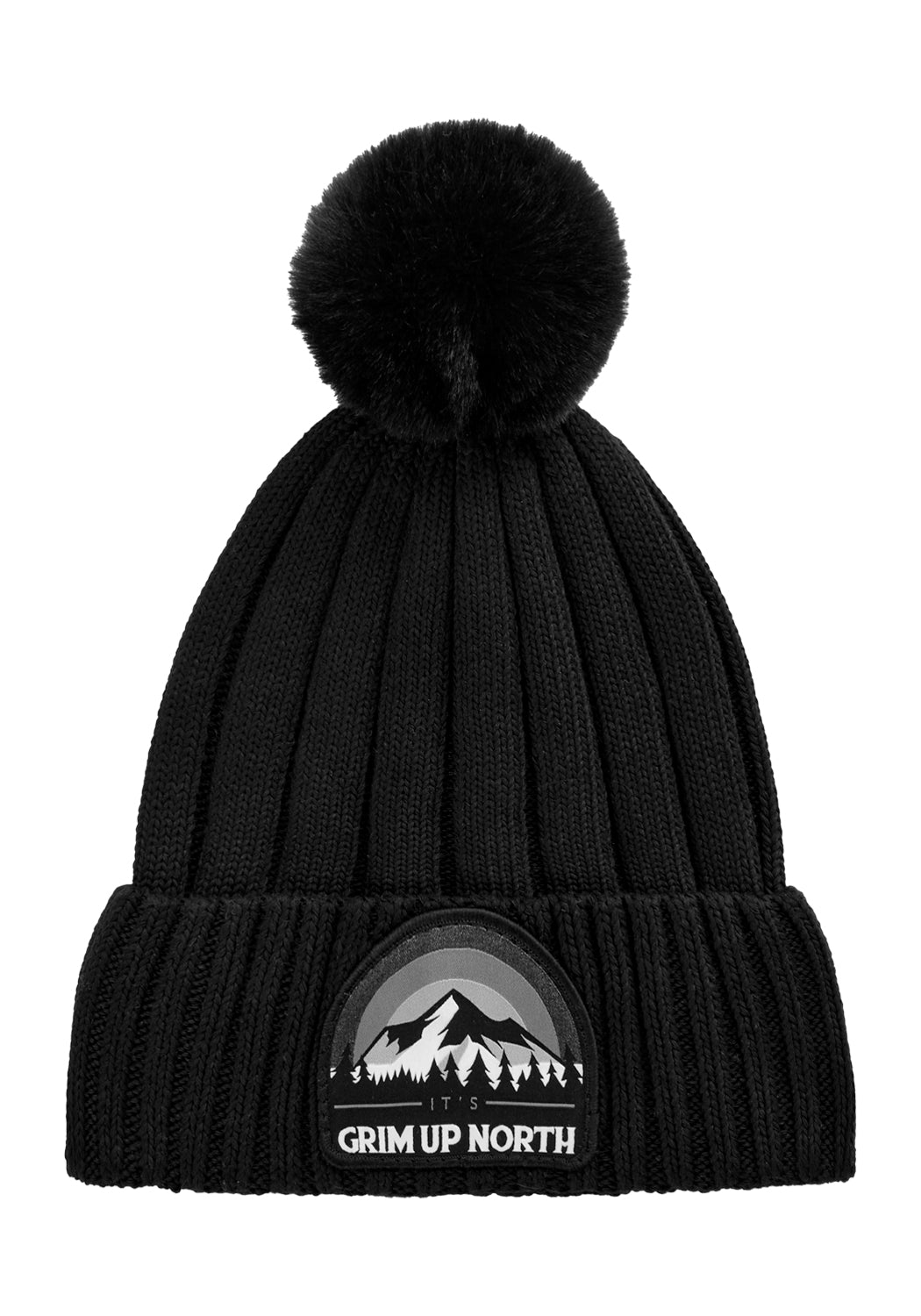 Chunky Knit Pompom Beanie with 'Grim Up North' Patch | 100% Cotton