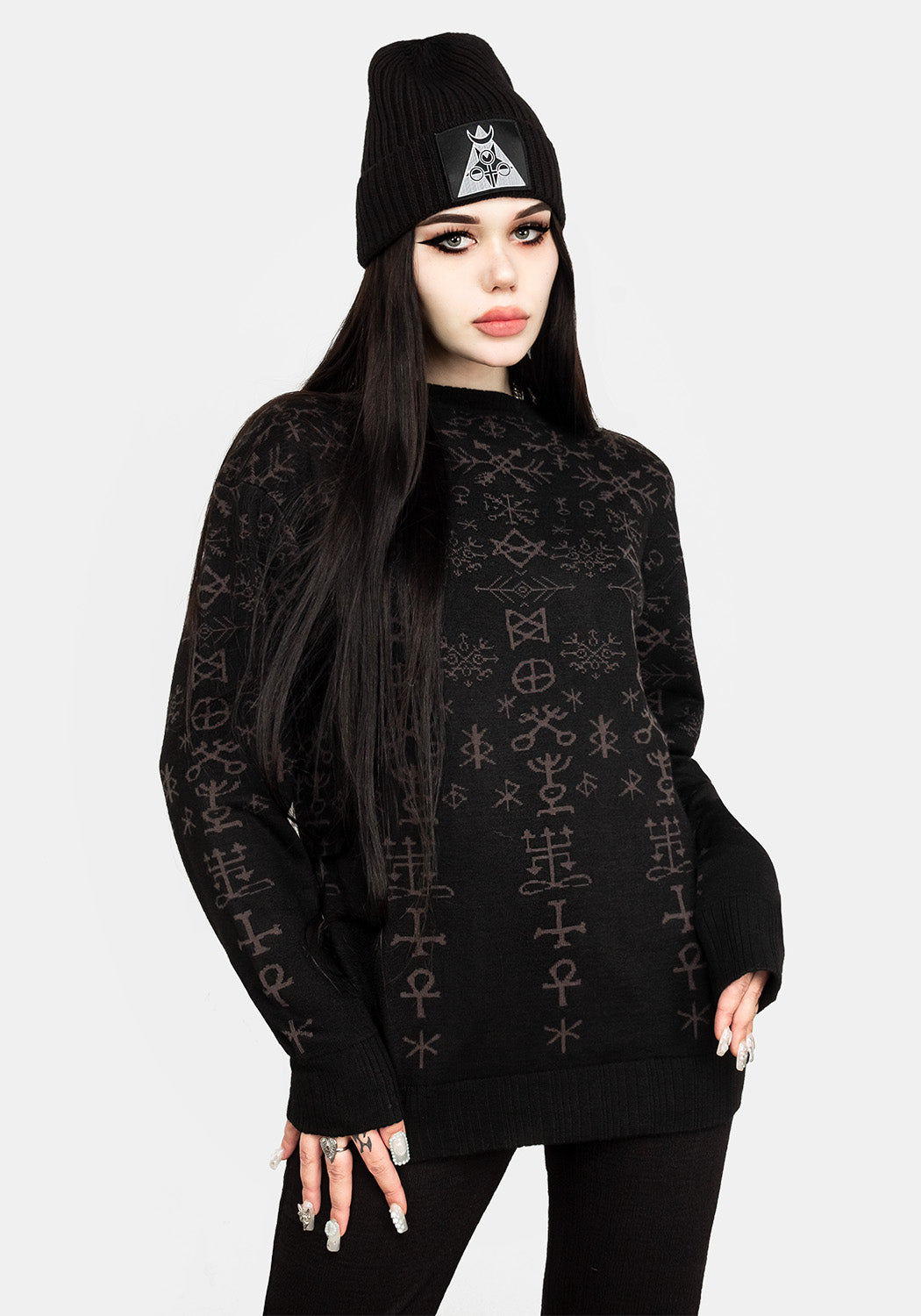 Black Knit Sweater with Occult Symbols & Yule Print | Misrule