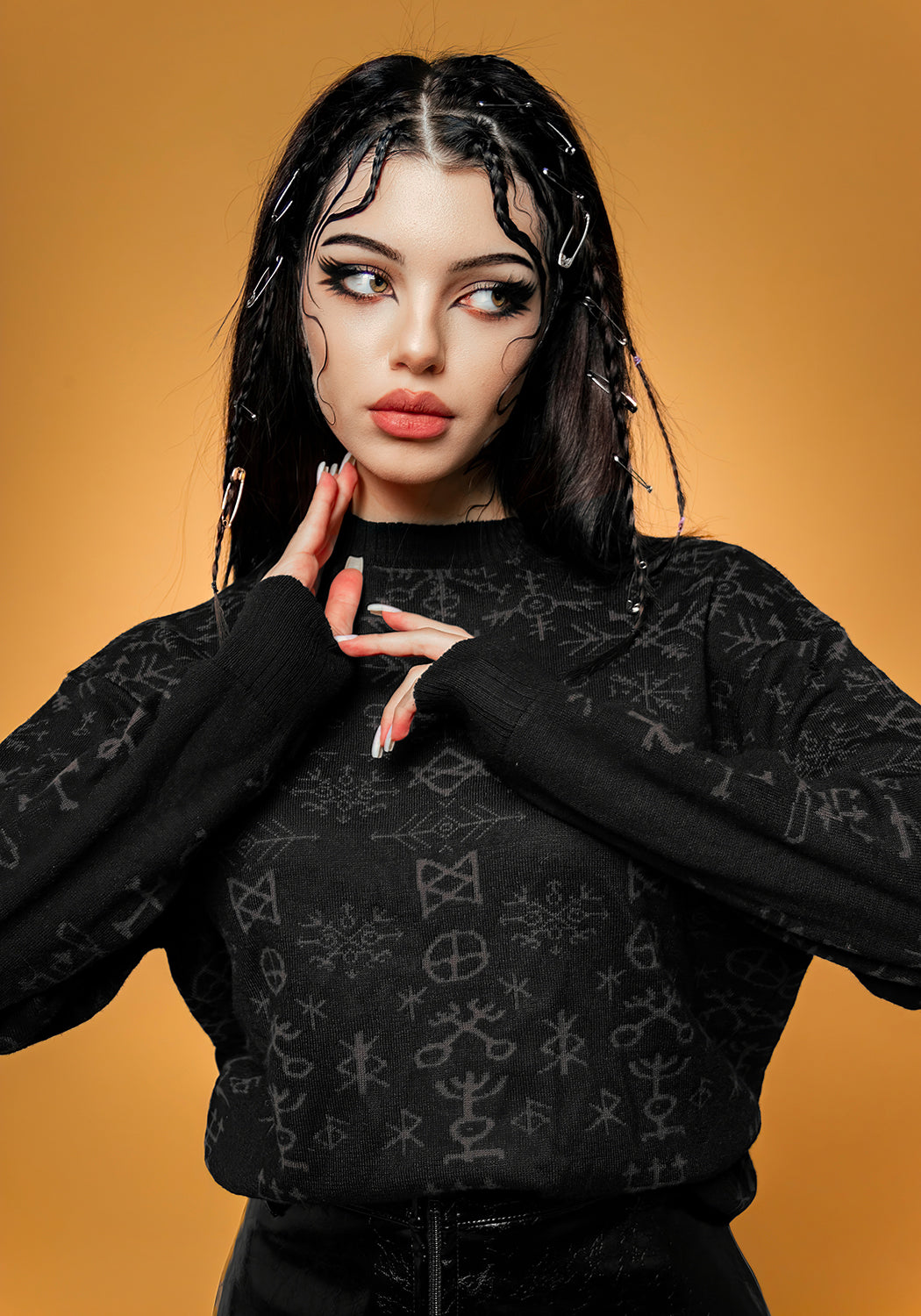 Black Knit Sweater with Occult Symbols & Yule Print | Misrule