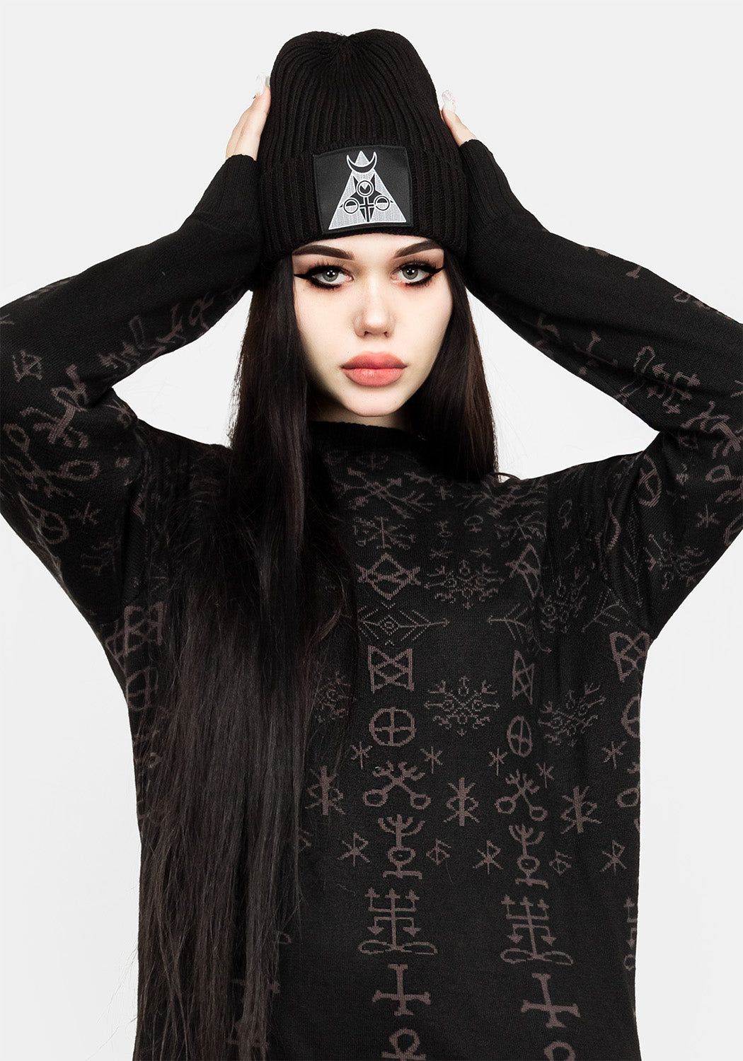 Black Knit Sweater with Occult Symbols & Yule Print | Misrule