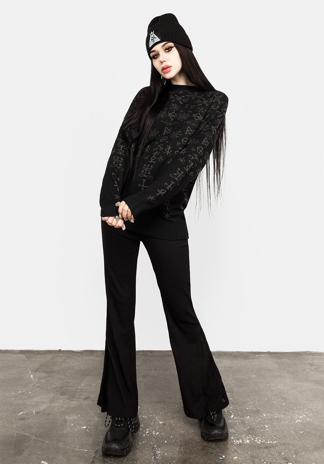 Black Knit Sweater with Occult Symbols & Yule Print | Misrule