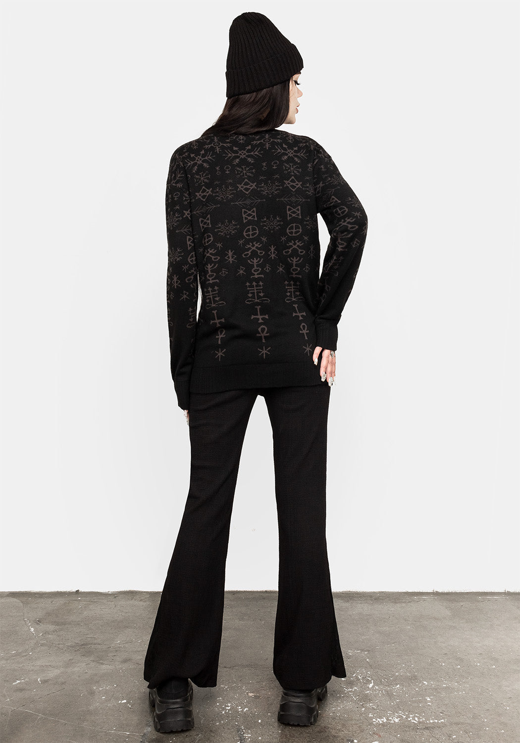 Black Knit Sweater with Occult Symbols & Yule Print | Misrule