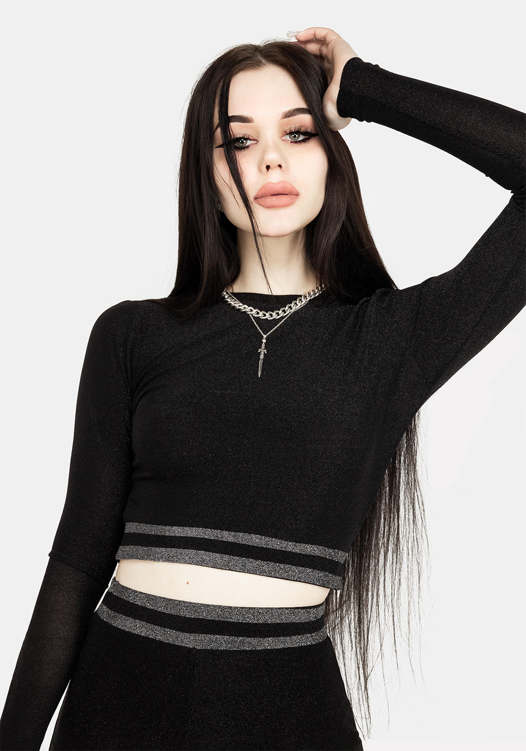 Black Glitter Crop Top with Long Sleeves & Stretchy Fit | Roxy