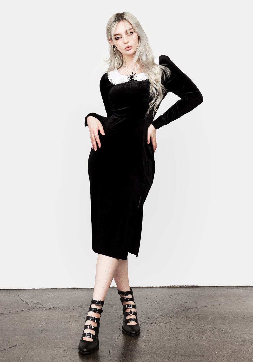 Gothic Lace Collar Midi Dress with Puff Sleeves & Split | Ungoliant