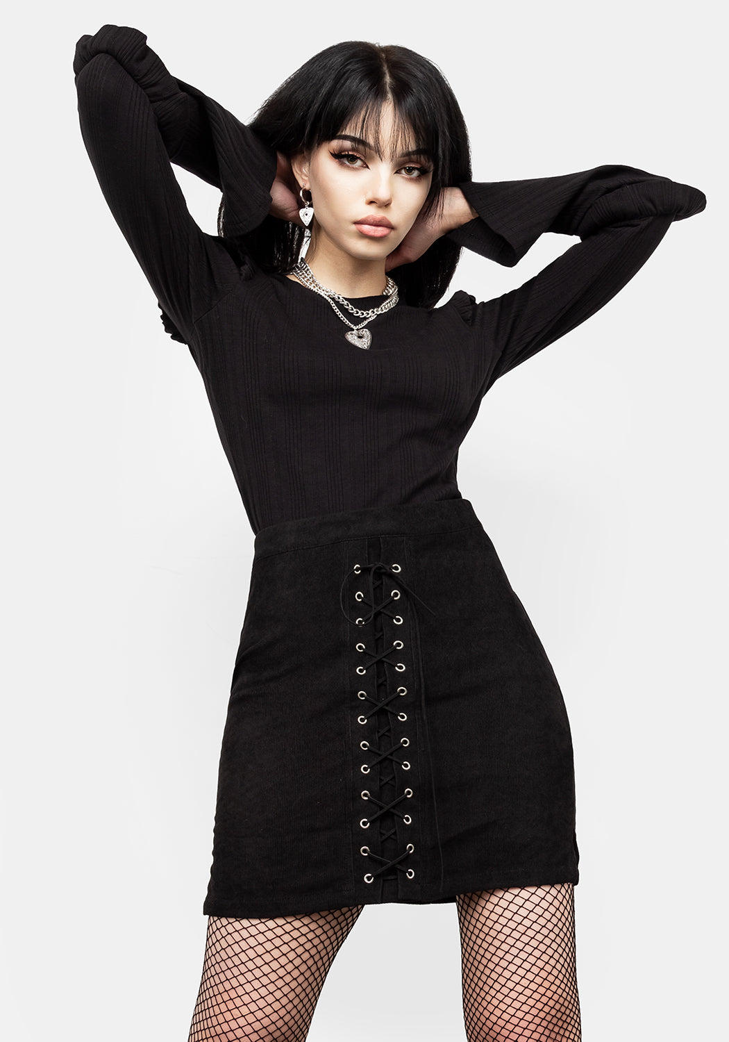 Lace Up Mini Skirt with Mock Corset Detail | Carmilla Black Corduroy