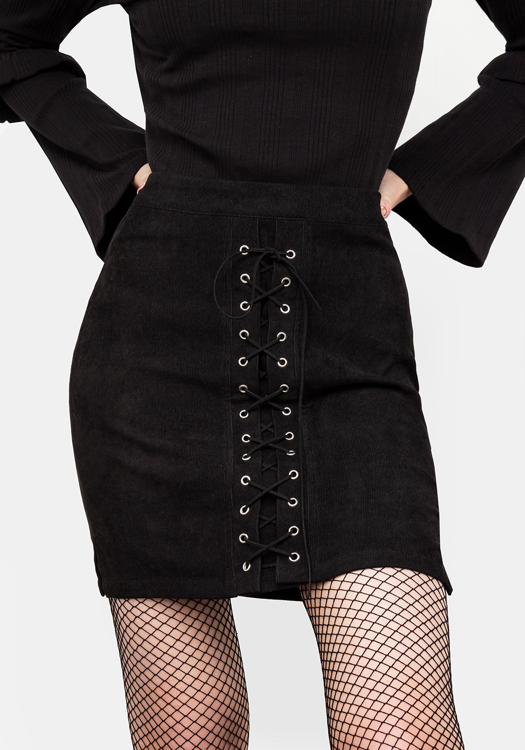Lace Up Mini Skirt with Mock Corset Detail | Carmilla Black Corduroy