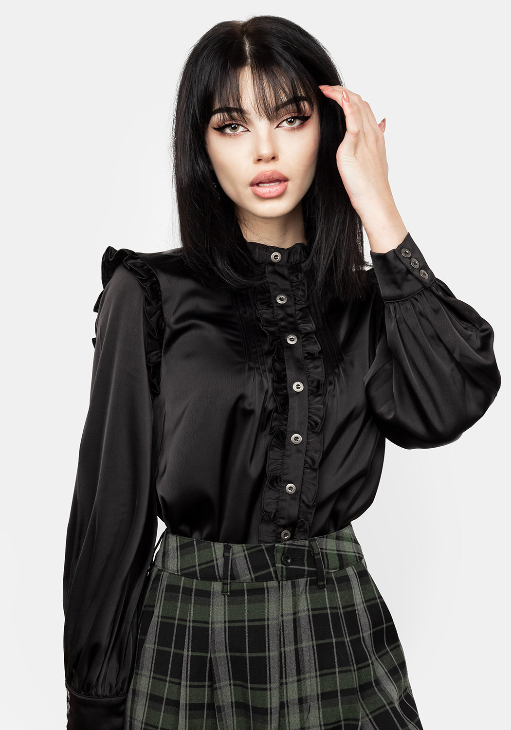 Black Pintuck Ruffle Blouse with Puff Sleeves | Obsession