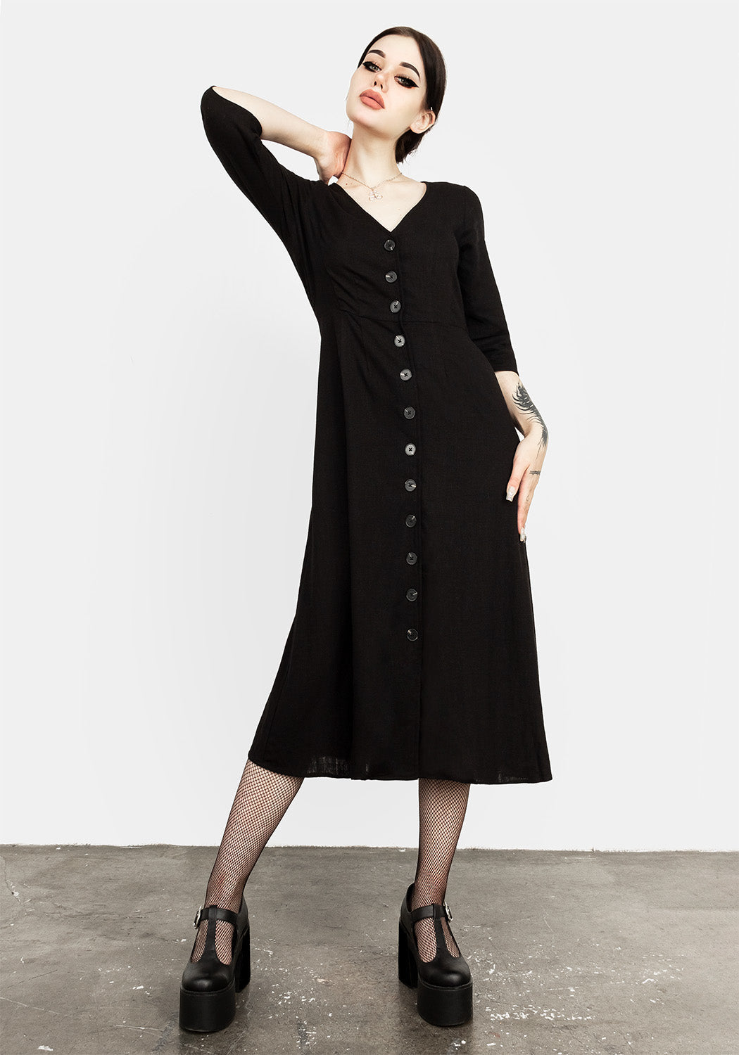 Black Pagan Midi Dress with Flute Sleeves | Merga