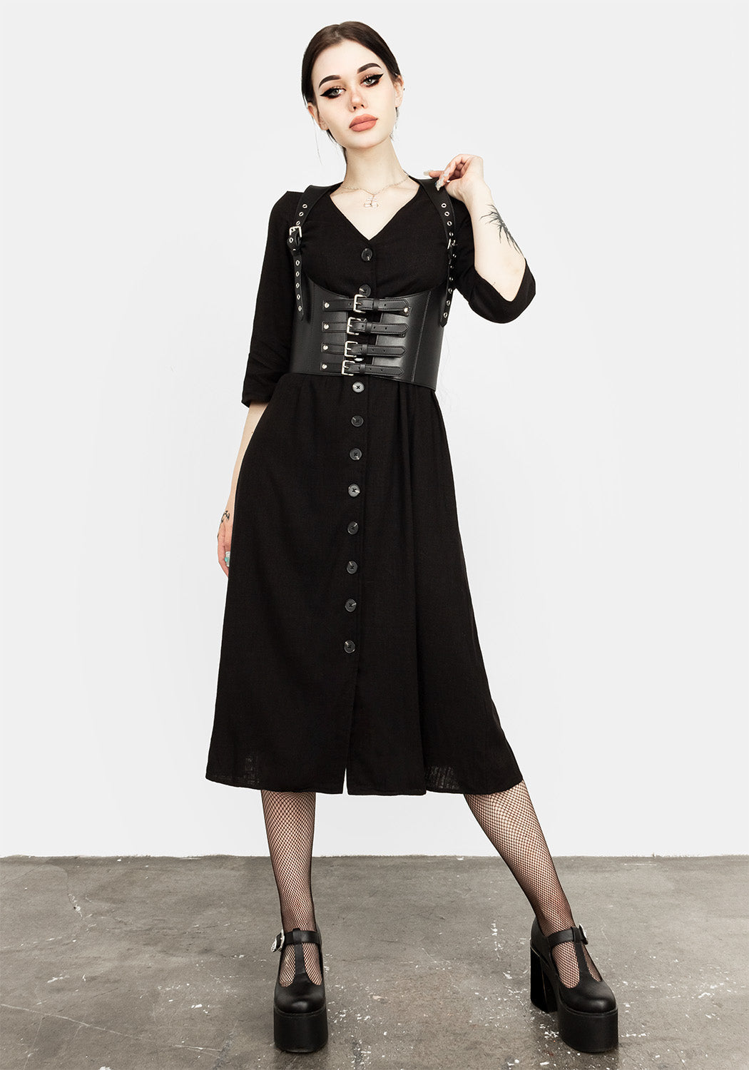 Black Pagan Midi Dress with Flute Sleeves | Merga