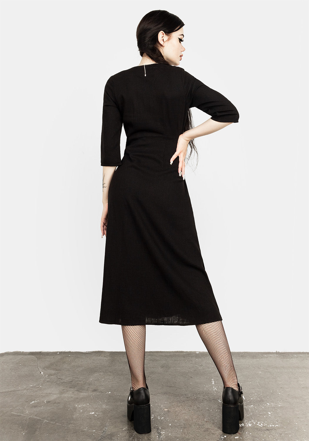 Black Pagan Midi Dress with Flute Sleeves | Merga