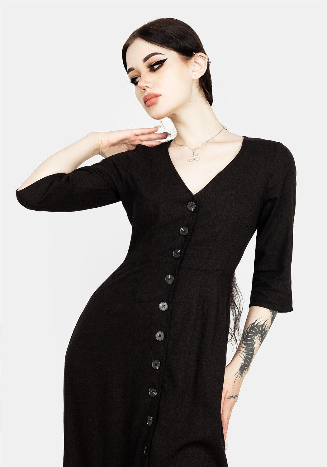 Black Pagan Midi Dress with Flute Sleeves | Merga