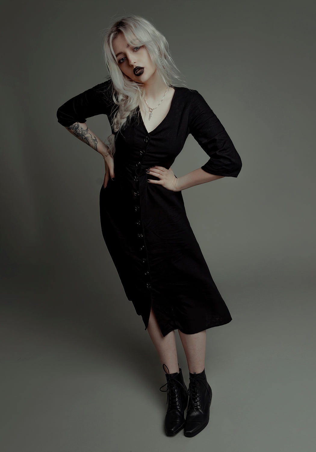 Black Pagan Midi Dress with Flute Sleeves | Merga