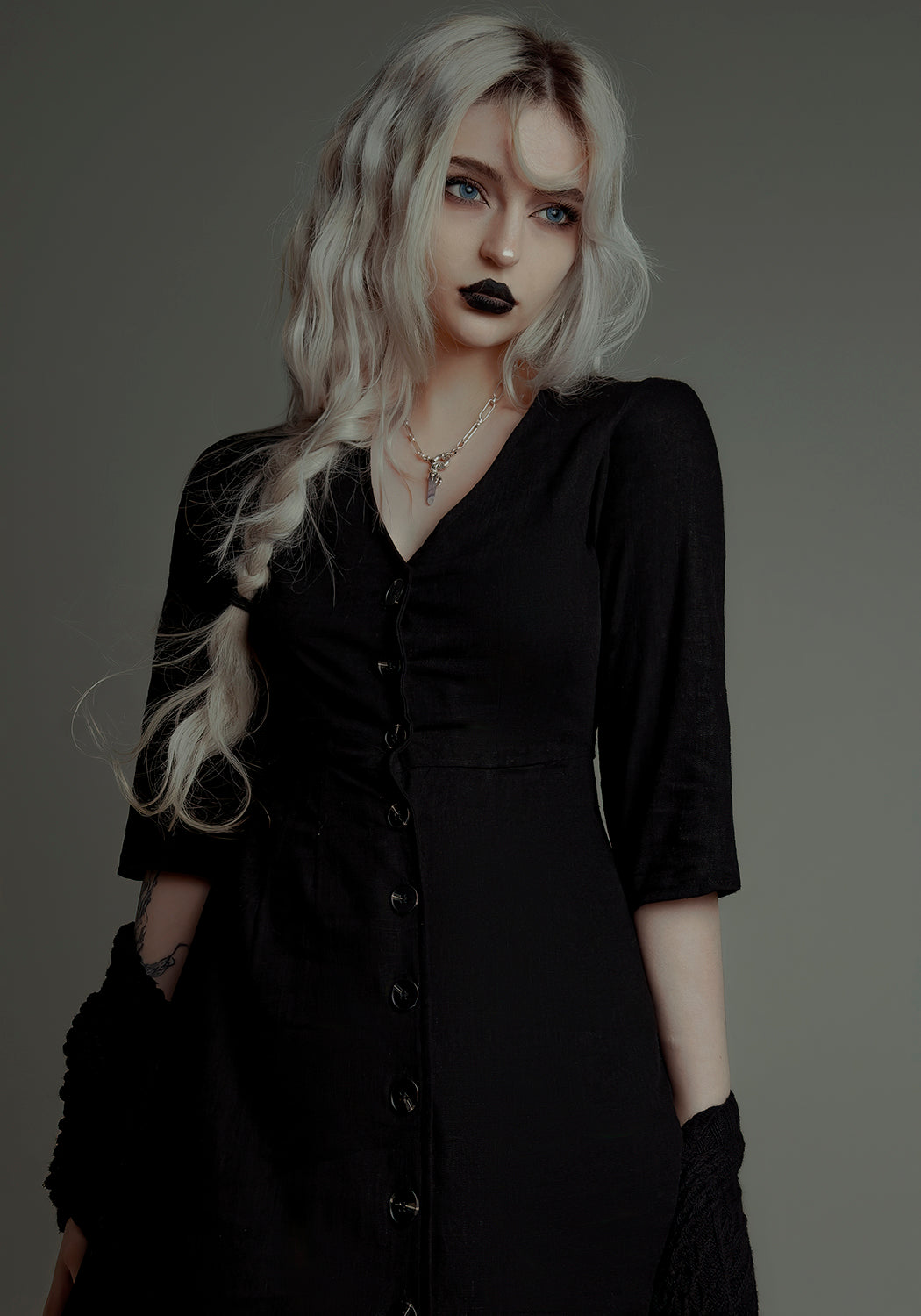 Black Pagan Midi Dress with Flute Sleeves | Merga